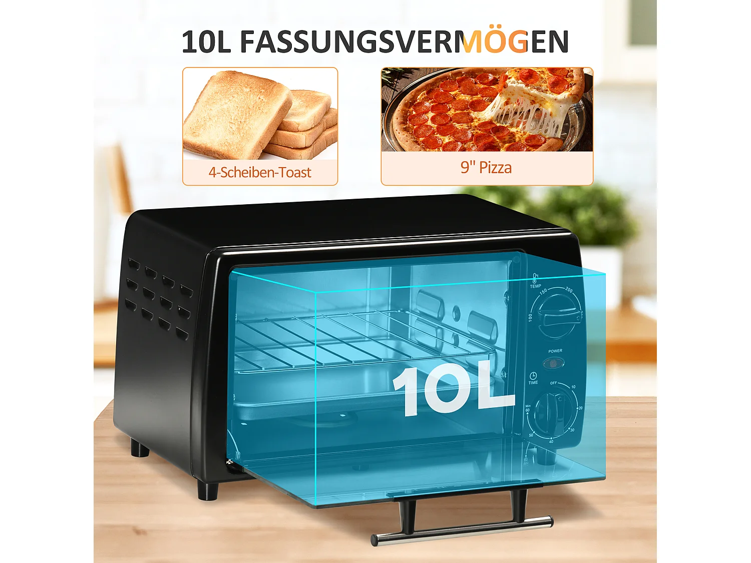Mini four 10L, 750W, 100-230°C, 60 min minuterie, plaque de cuisson, grill, inox, noir (36.5L x 26W x 22Hcm)