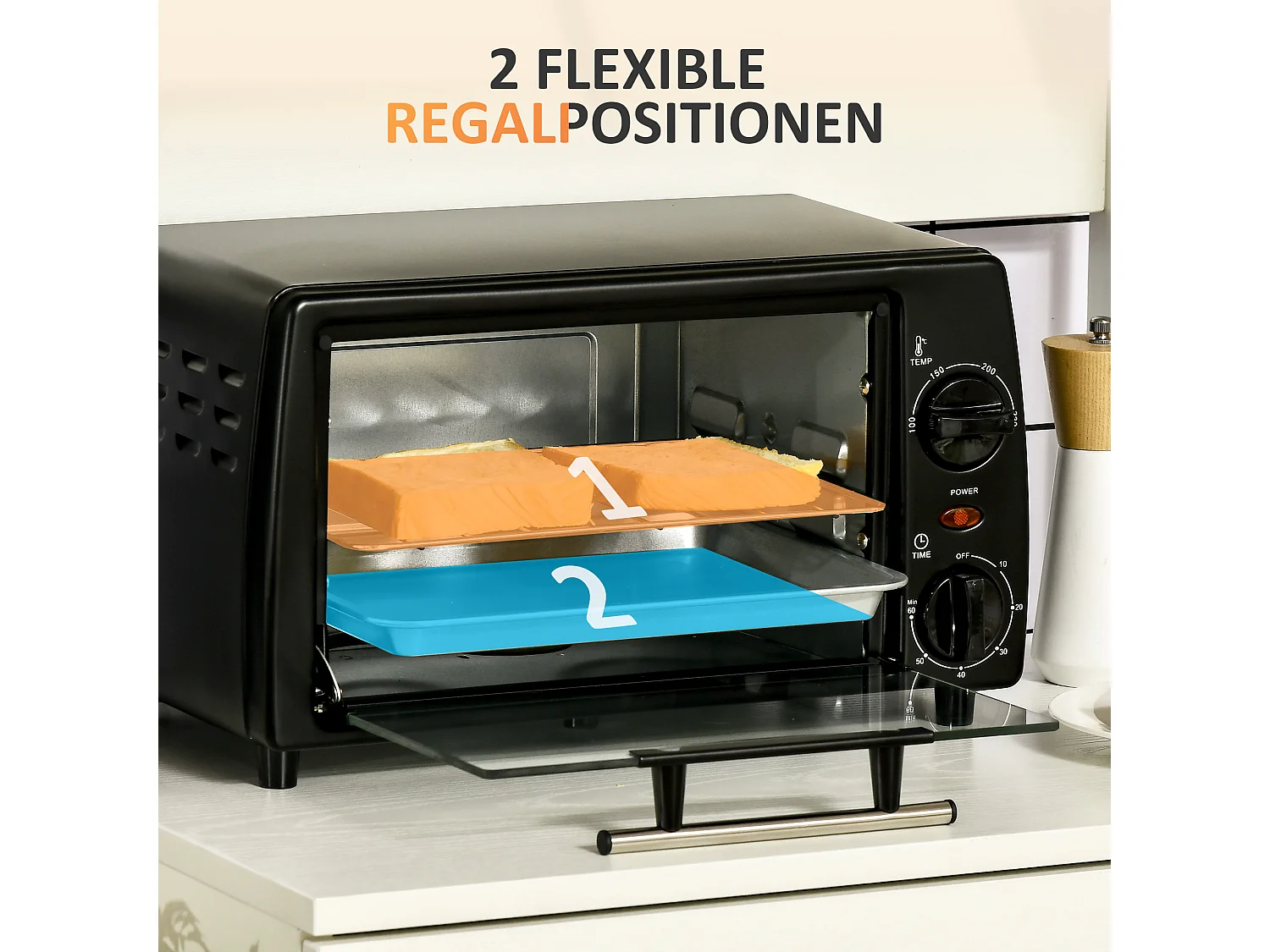 Mini four 10L, 750W, 100-230°C, 60 min minuterie, plaque de cuisson, grill, inox, noir (36.5L x 26W x 22Hcm)