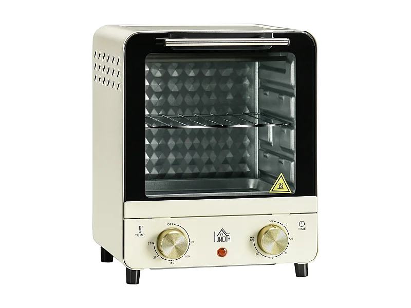 Mini four 15L, 1000W, 3 modes de cuisson, température réglable de 90°C à 230°C, minuteur de 60 minutes, avec grille et plaque de cuisson, acier, crème