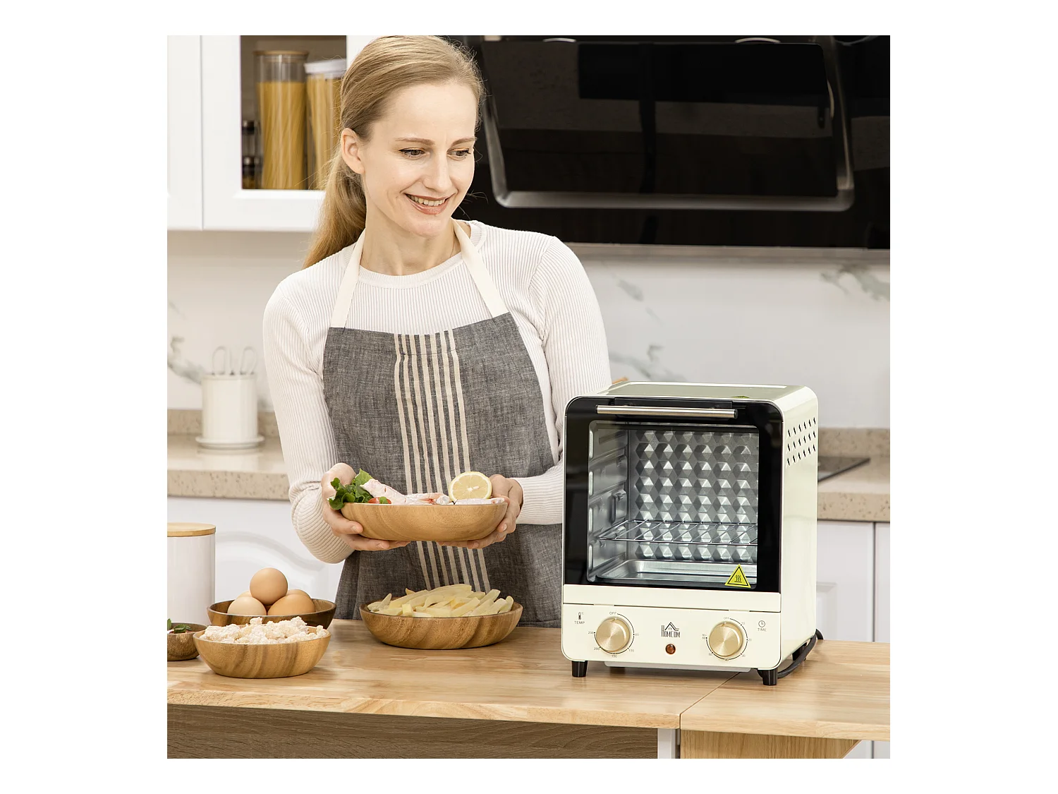Mini four 15L, 1000W, 3 modes de cuisson, température réglable de 90°C à 230°C, minuteur de 60 minutes, avec grille et plaque de cuisson, acier, crème