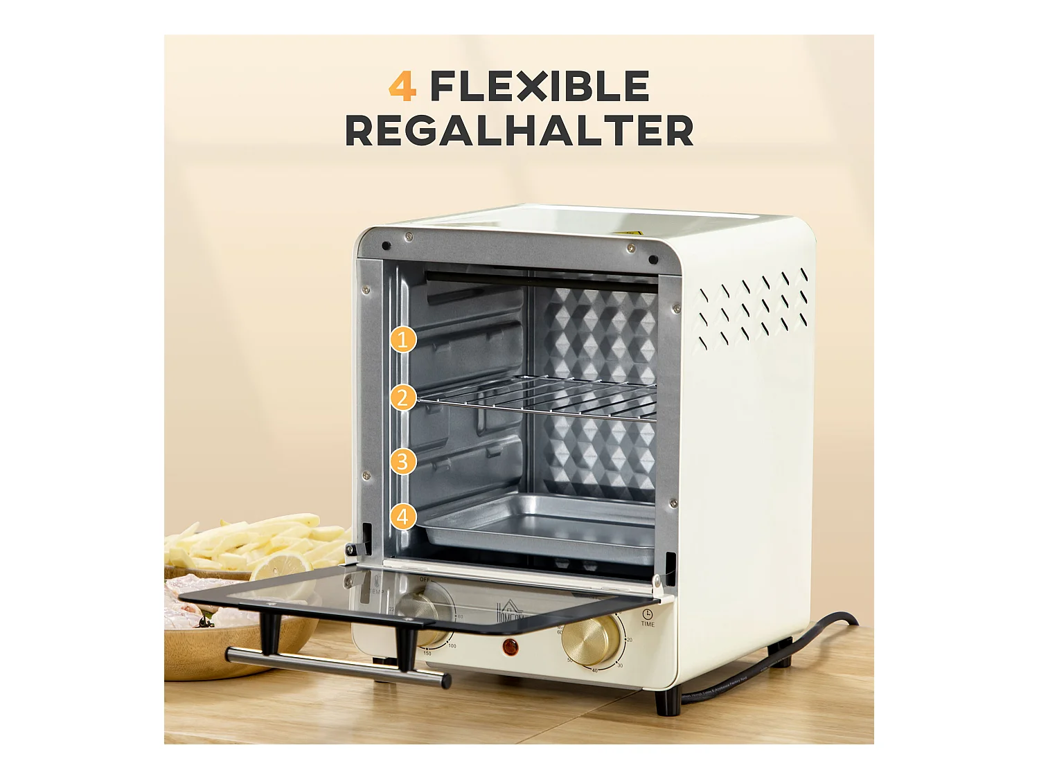 Mini four 15L, 1000W, 3 modes de cuisson, température réglable de 90°C à 230°C, minuteur de 60 minutes, avec grille et plaque de cuisson, acier, crème
