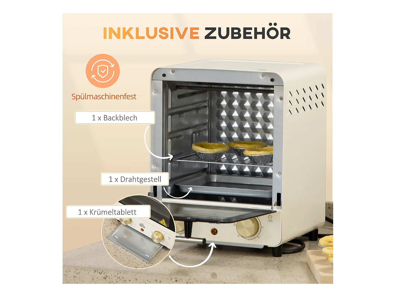 Mini four 15L, 1000W, 3 modes de cuisson, température réglable de 90°C à 230°C, minuteur de 60 minutes, avec grille et plaque de cuisson, acier, crème
