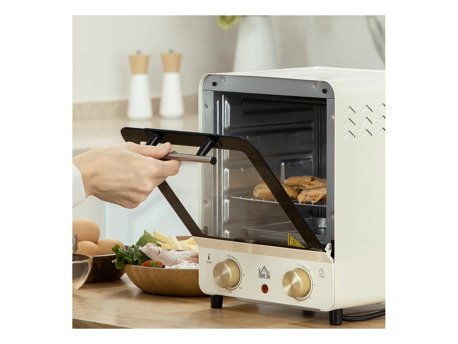 Mini four 15L, 1000W, 3 modes de cuisson, température réglable de 90°C à 230°C, minuteur de 60 minutes, avec grille et plaque de cuisson, acier, crème
