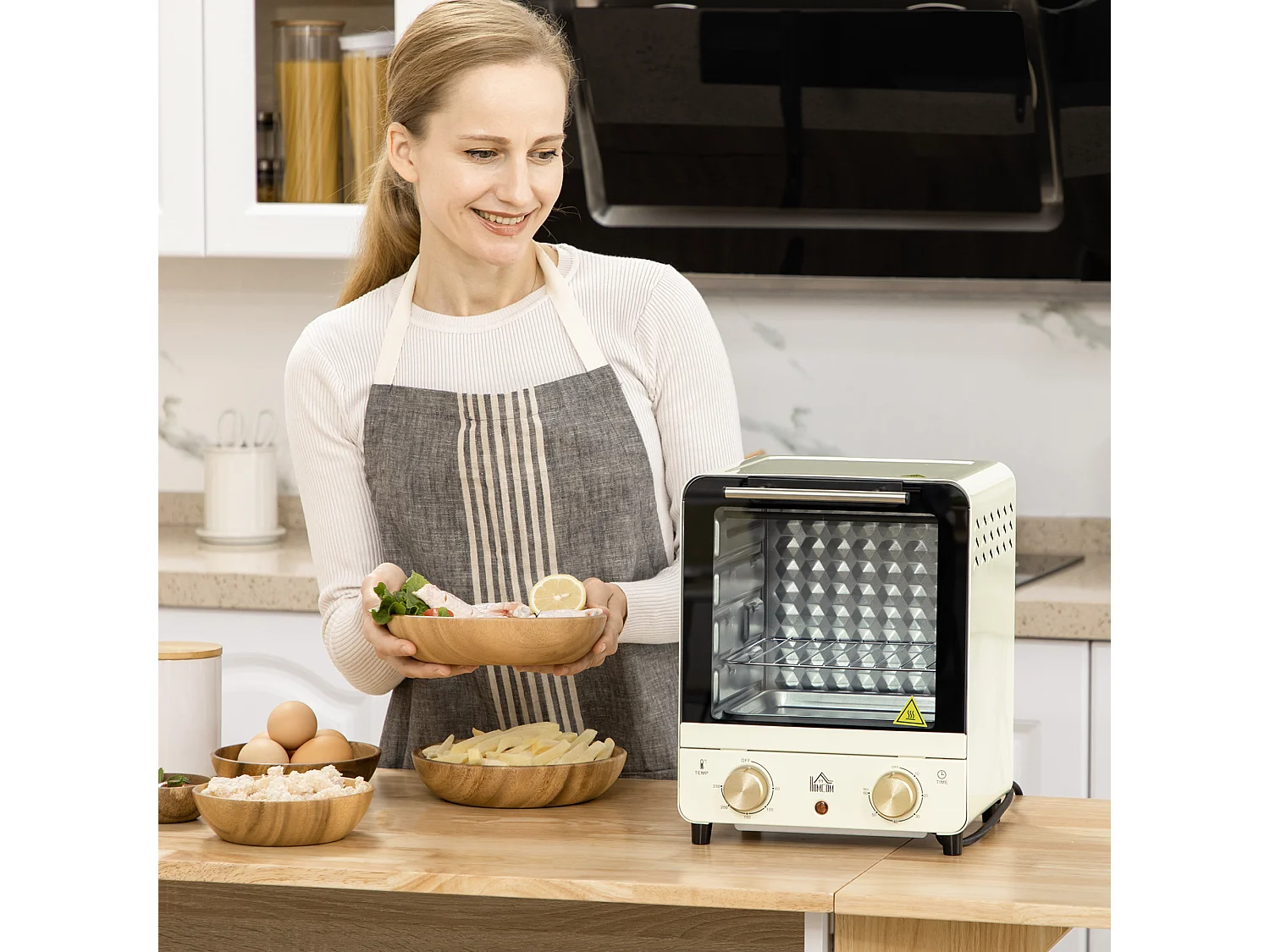 Mini four 15L, 1000W, 3 modes de cuisson, température réglable de 90°C à 230°C, minuteur de 60 minutes, avec grille et plaque de cuisson, acier, crème