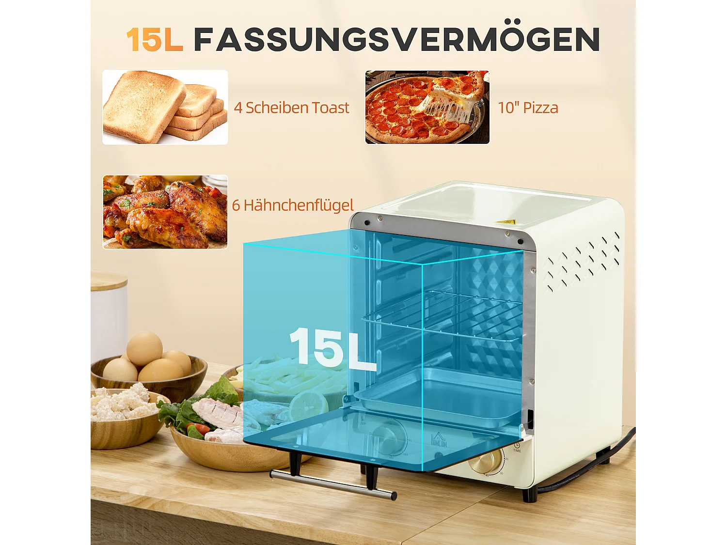 Mini four 15L, 1000W, 3 modes de cuisson, température réglable de 90°C à 230°C, minuteur de 60 minutes, avec grille et plaque de cuisson, acier, crème