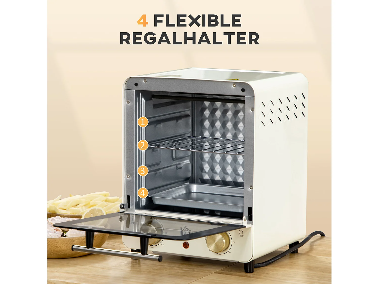 Mini four 15L, 1000W, 3 modes de cuisson, température réglable de 90°C à 230°C, minuteur de 60 minutes, avec grille et plaque de cuisson, acier, crème