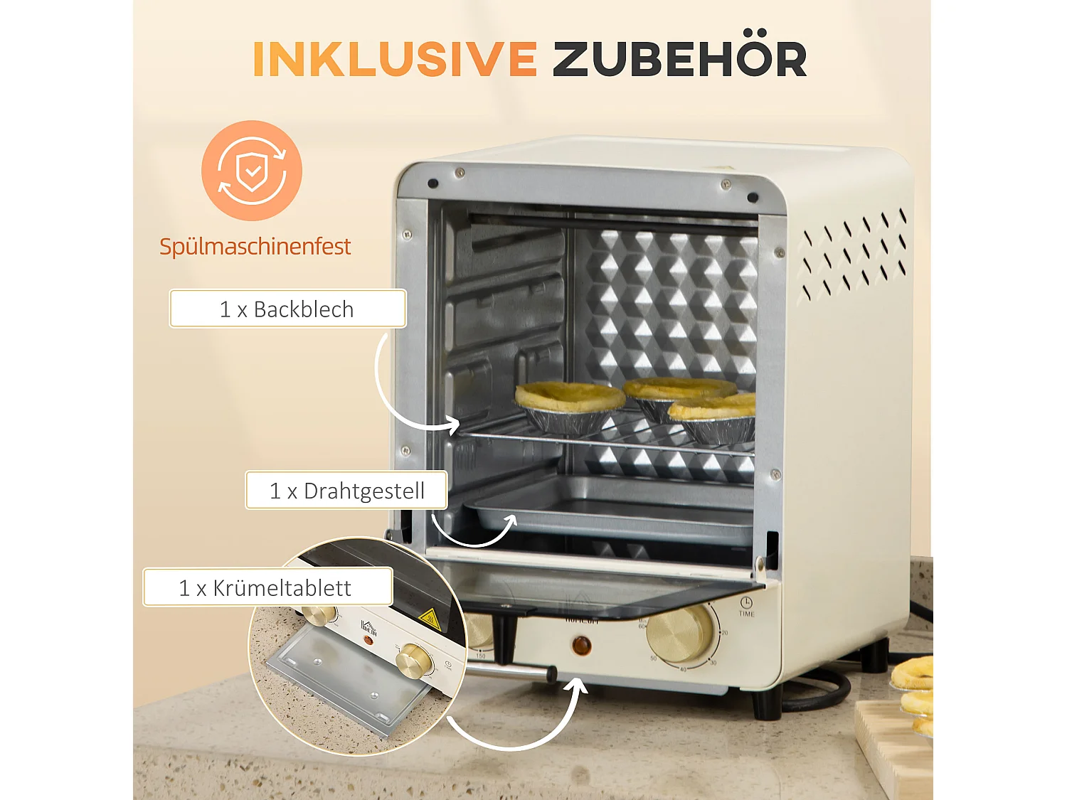 Mini four 15L, 1000W, 3 modes de cuisson, température réglable de 90°C à 230°C, minuteur de 60 minutes, avec grille et plaque de cuisson, acier, crème