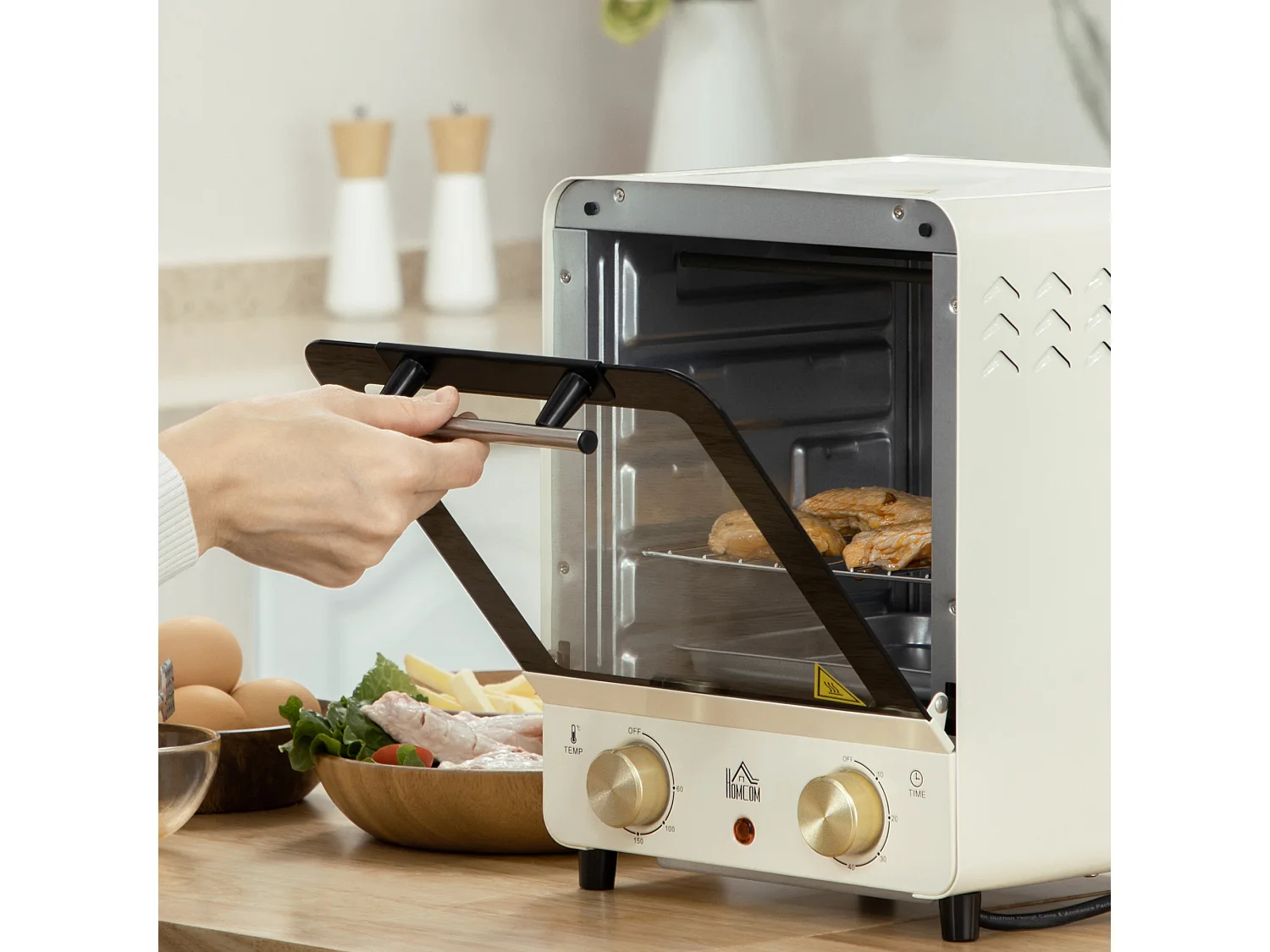 Mini four 15L, 1000W, 3 modes de cuisson, température réglable de 90°C à 230°C, minuteur de 60 minutes, avec grille et plaque de cuisson, acier, crème