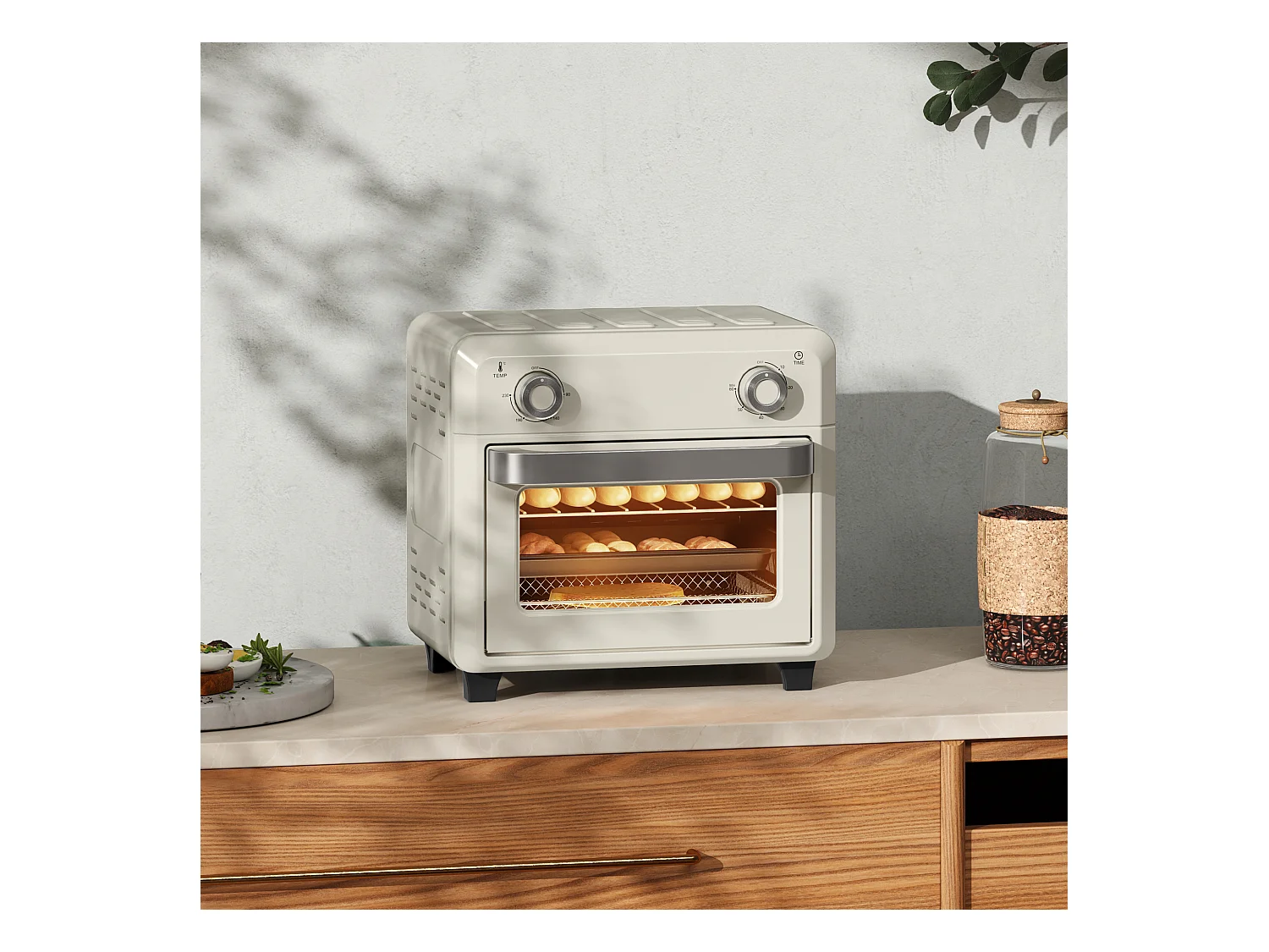 Mini four 10L 2-en-1, 80-230°C, 1000W, avec grill, plaque de cuisson, friture à air chaud, acier inoxydable (32L x 27.2W x 29.8Hcm)