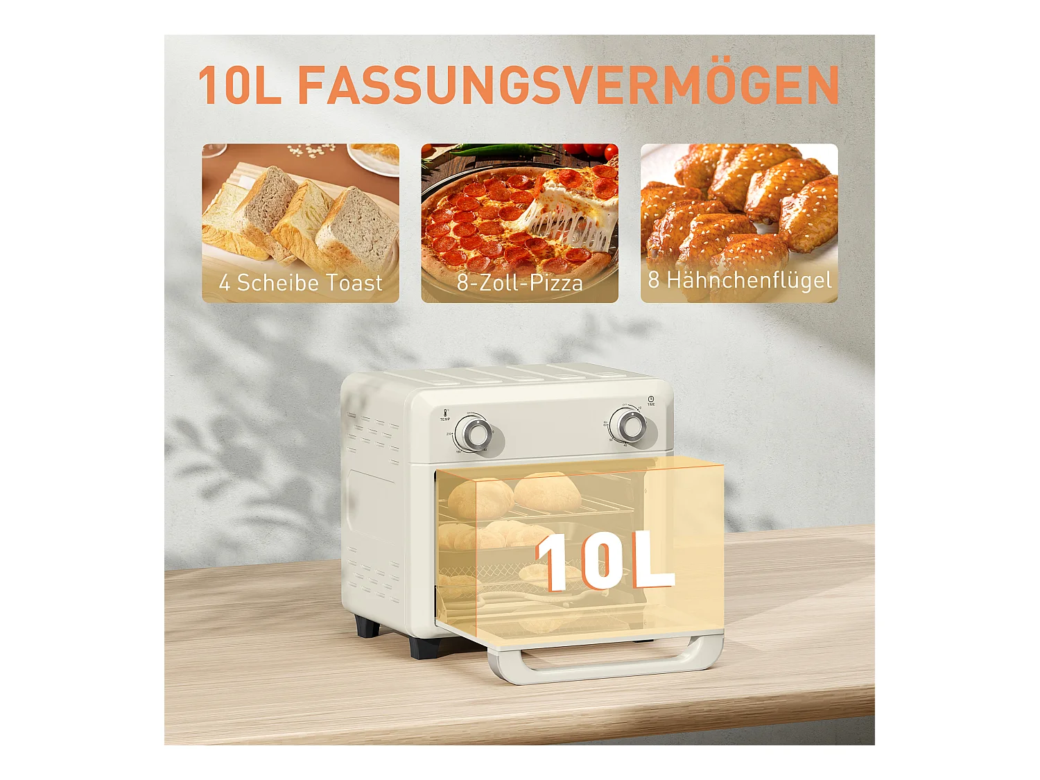 Mini four 10L 2-en-1, 80-230°C, 1000W, avec grill, plaque de cuisson, friture à air chaud, acier inoxydable (32L x 27.2W x 29.8Hcm)