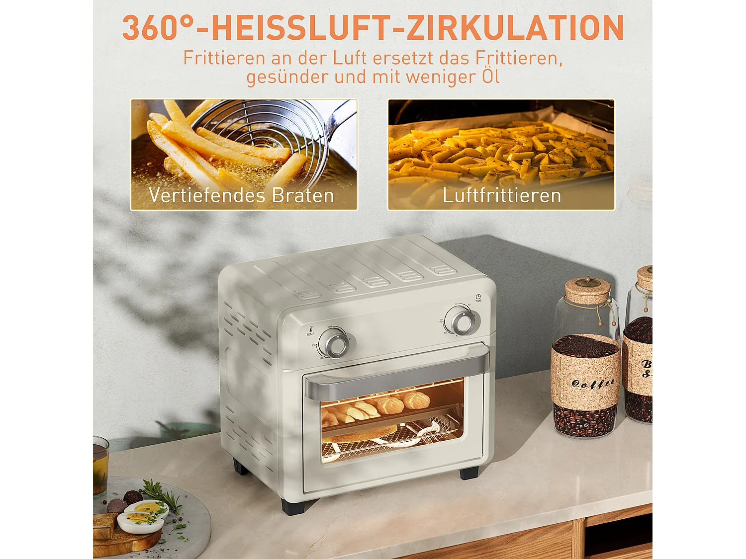Mini four 10L 2-en-1, 80-230°C, 1000W, avec grill, plaque de cuisson, friture à air chaud, acier inoxydable (32L x 27.2W x 29.8Hcm)