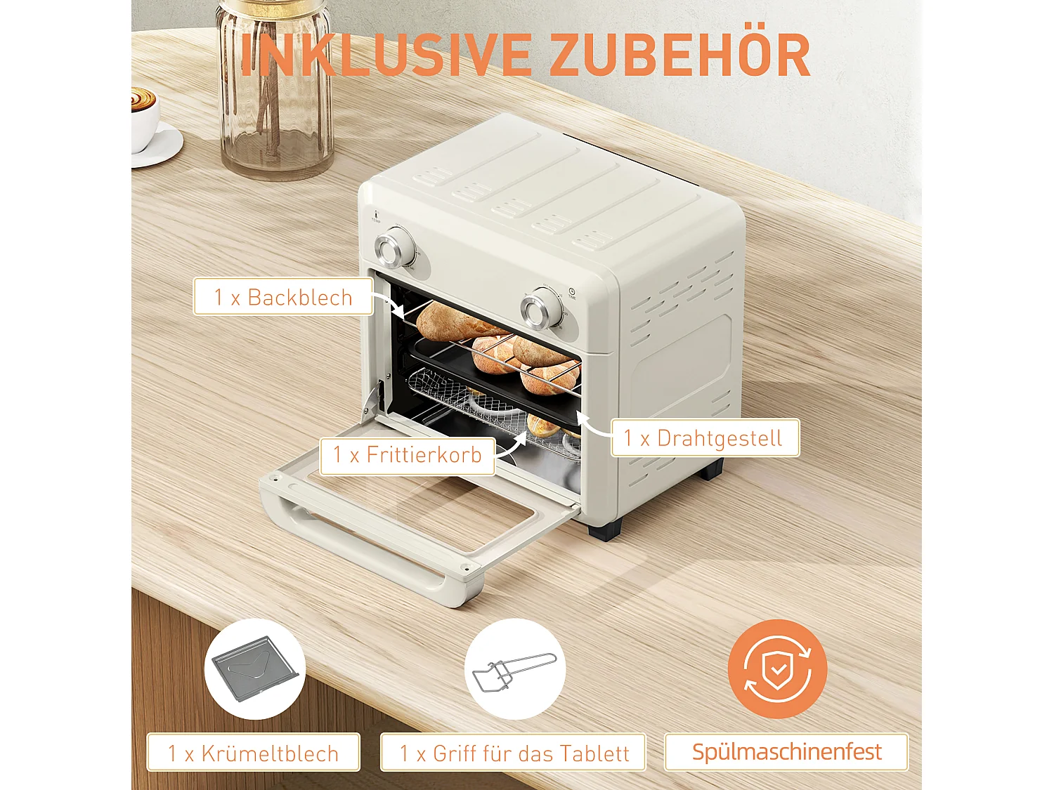 Mini four 10L 2-en-1, 80-230°C, 1000W, avec grill, plaque de cuisson, friture à air chaud, acier inoxydable (32L x 27.2W x 29.8Hcm)
