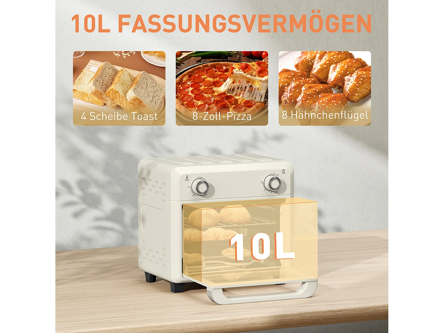 Mini four 10L 2-en-1, 80-230°C, 1000W, avec grill, plaque de cuisson, friture à air chaud, acier inoxydable (32L x 27.2W x 29.8Hcm)