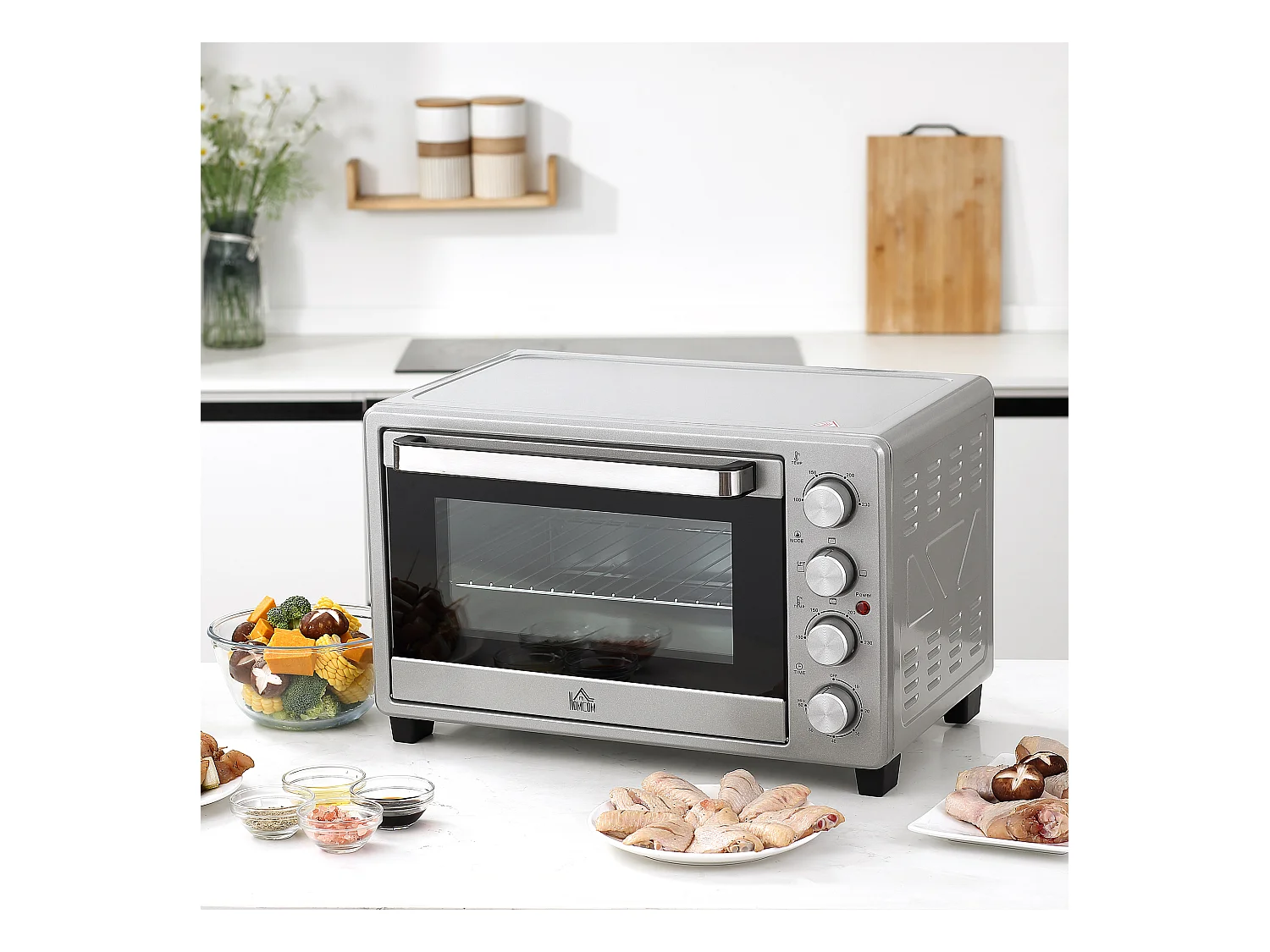 Mini four 32L, 1600W, 3 modes de cuisson, 100-230°C, avec 1h minuteur, plaque de cuisson, grilles et bac à miettes, métal, argenté (52.2x38.1x33.5cm)