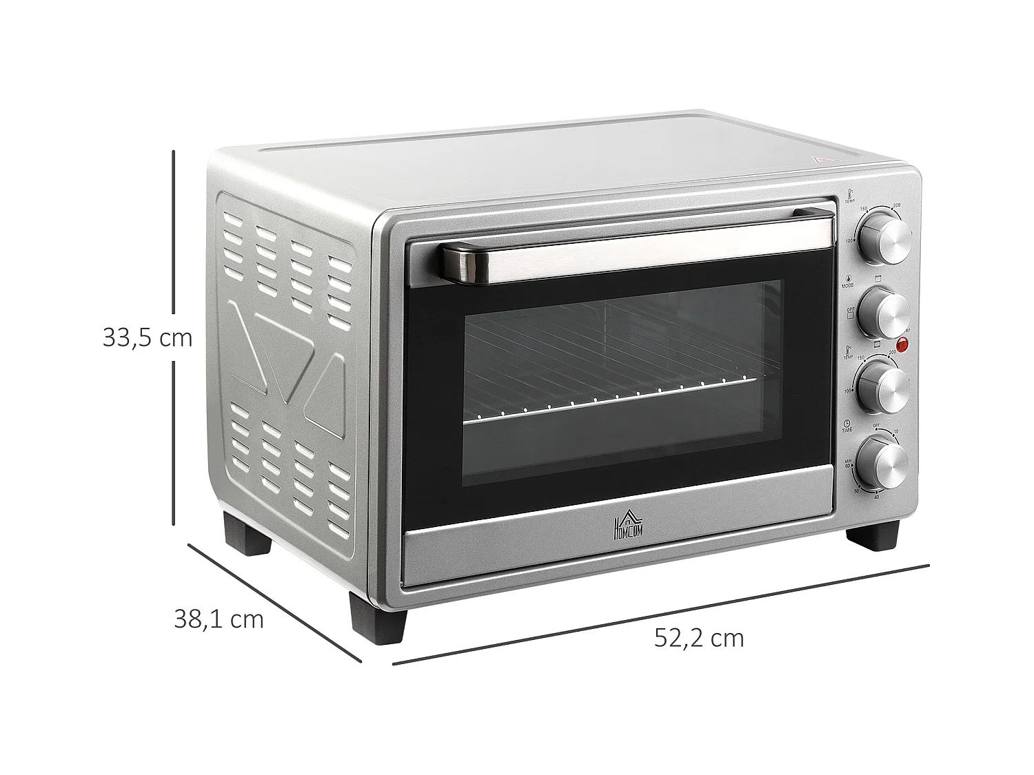 Mini four 32L, 1600W, 3 modes de cuisson, 100-230°C, avec 1h minuteur, plaque de cuisson, grilles et bac à miettes, métal, argenté (52.2x38.1x33.5cm)