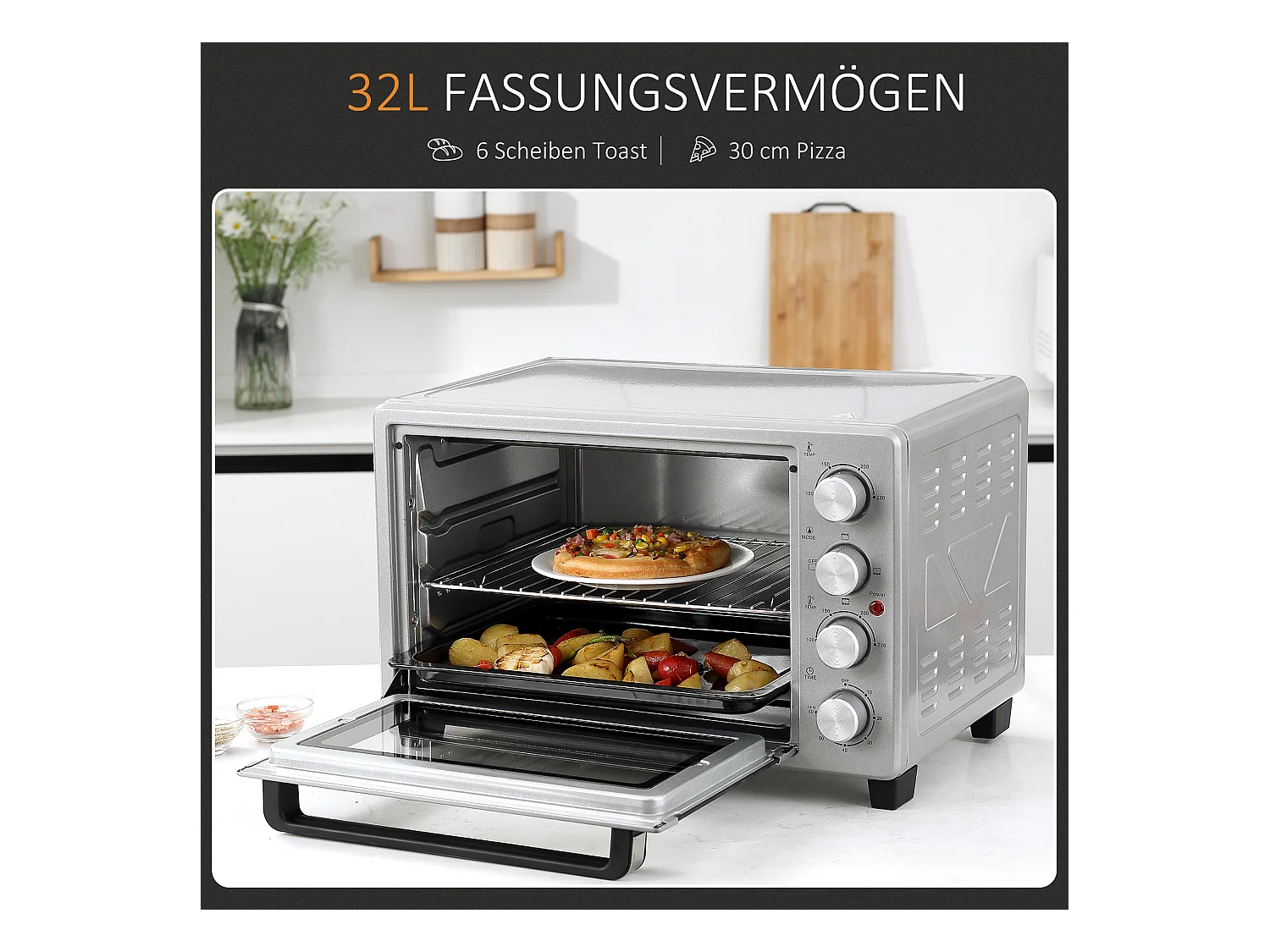 Mini four 32L, 1600W, 3 modes de cuisson, 100-230°C, avec 1h minuteur, plaque de cuisson, grilles et bac à miettes, métal, argenté (52.2x38.1x33.5cm)