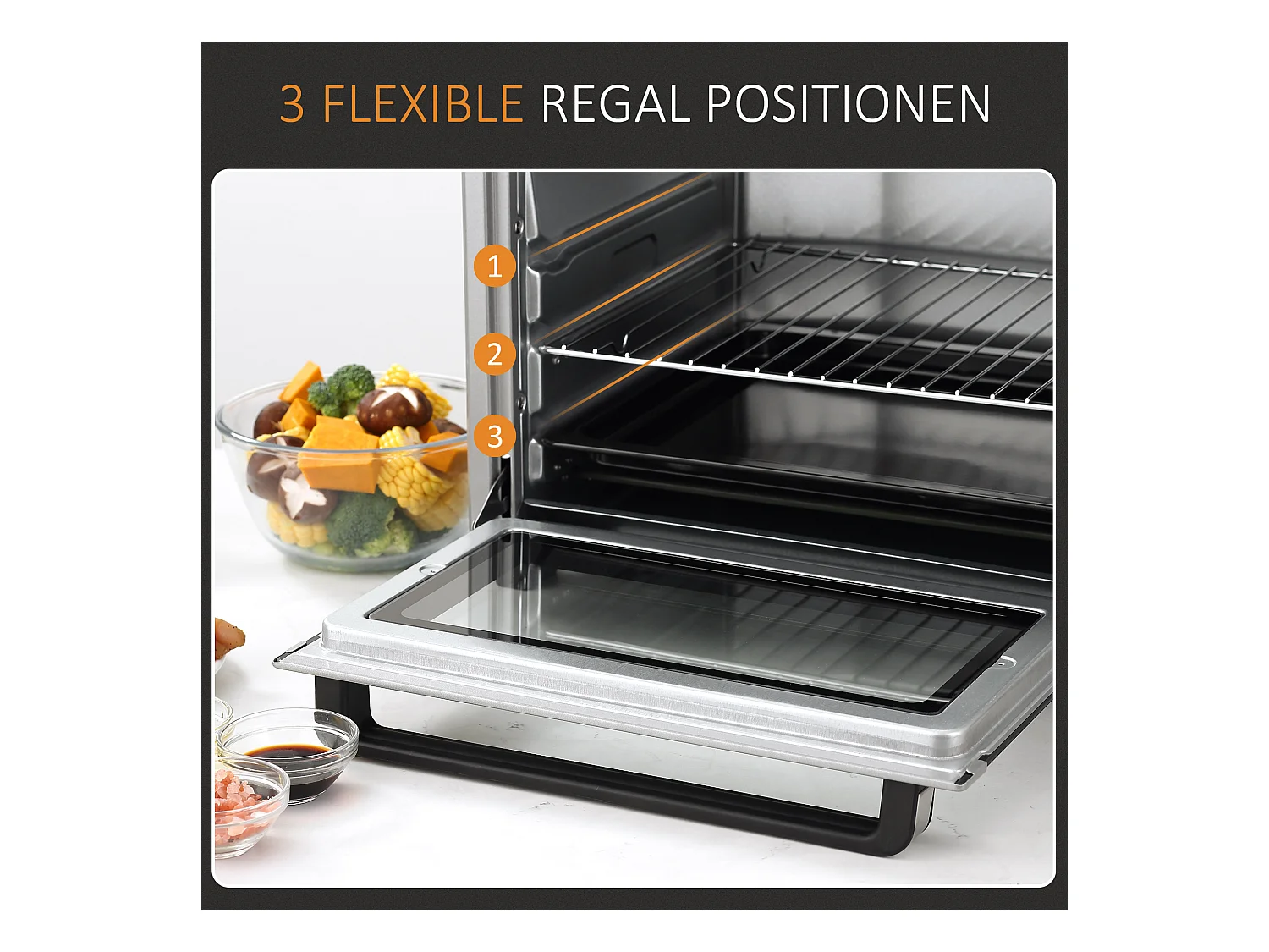Mini four 32L, 1600W, 3 modes de cuisson, 100-230°C, avec 1h minuteur, plaque de cuisson, grilles et bac à miettes, métal, argenté (52.2x38.1x33.5cm)