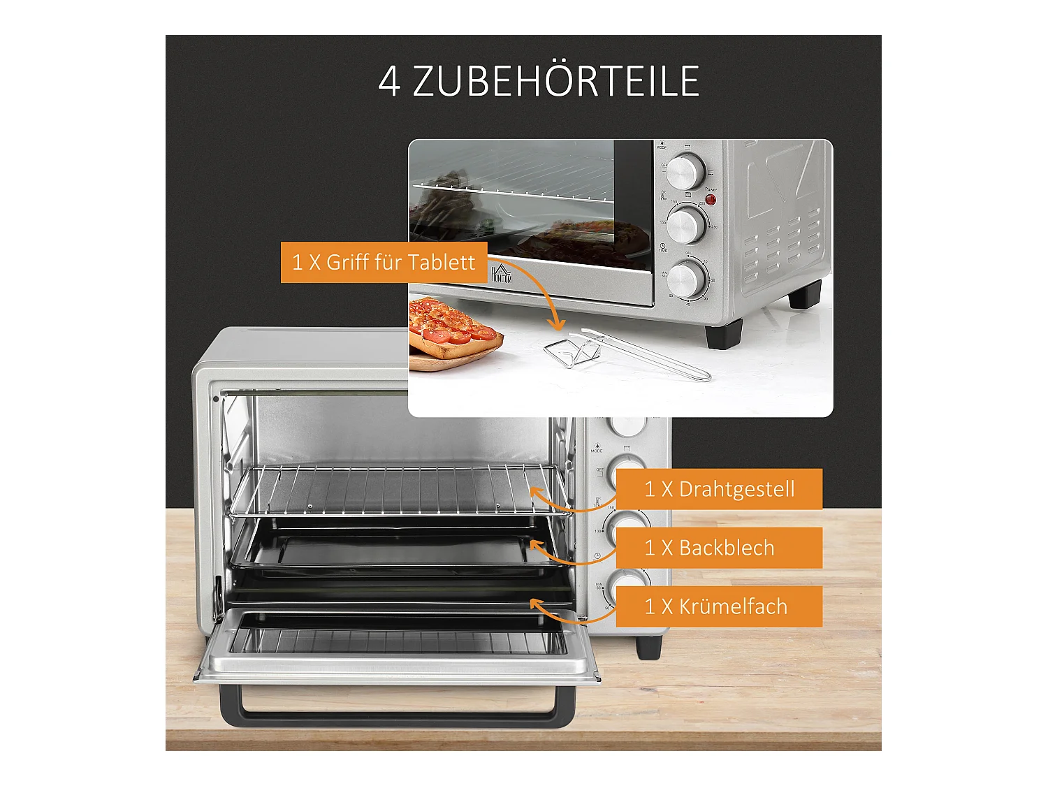 Mini four 32L, 1600W, 3 modes de cuisson, 100-230°C, avec 1h minuteur, plaque de cuisson, grilles et bac à miettes, métal, argenté (52.2x38.1x33.5cm)