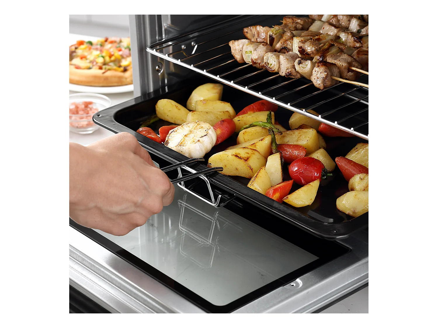 Mini four 32L, 1600W, 3 modes de cuisson, 100-230°C, avec 1h minuteur, plaque de cuisson, grilles et bac à miettes, métal, argenté (52.2x38.1x33.5cm)