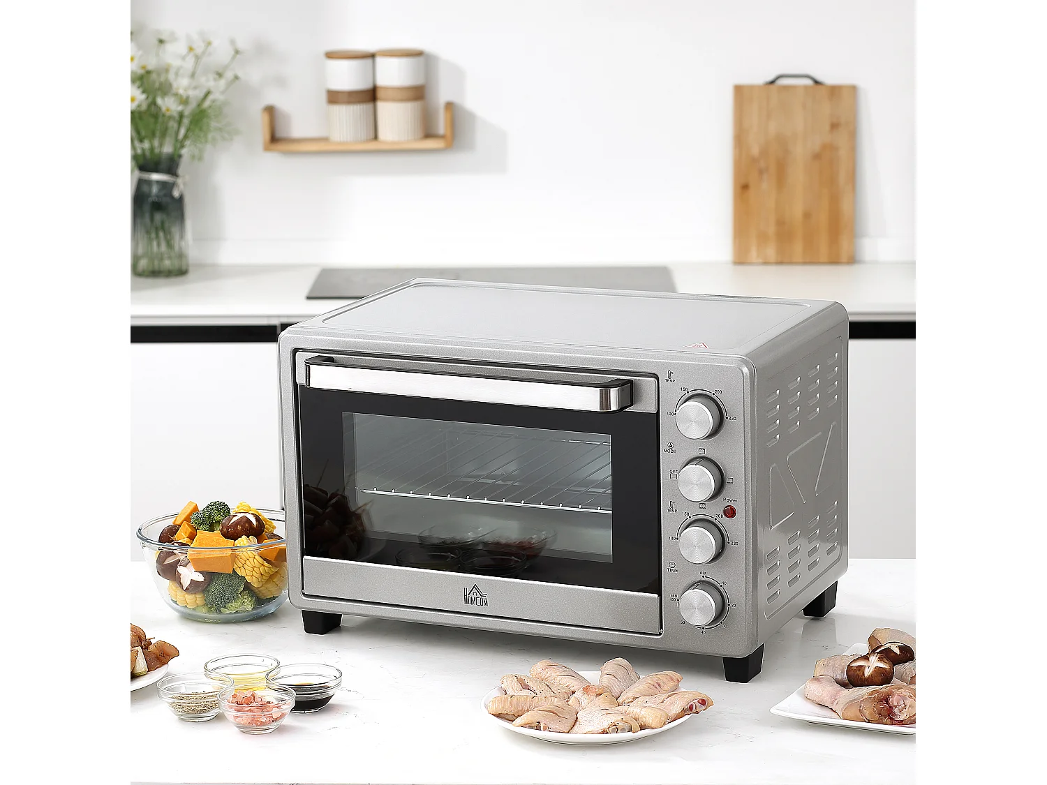 Mini four 32L, 1600W, 3 modes de cuisson, 100-230°C, avec 1h minuteur, plaque de cuisson, grilles et bac à miettes, métal, argenté (52.2x38.1x33.5cm)