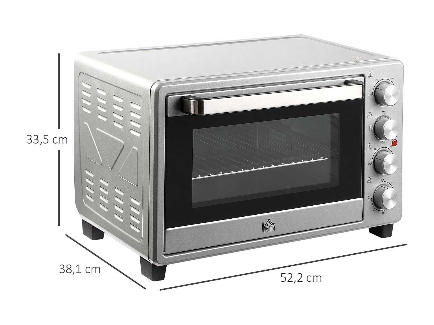 Mini four 32L, 1600W, 3 modes de cuisson, 100-230°C, avec 1h minuteur, plaque de cuisson, grilles et bac à miettes, métal, argenté (52.2x38.1x33.5cm)