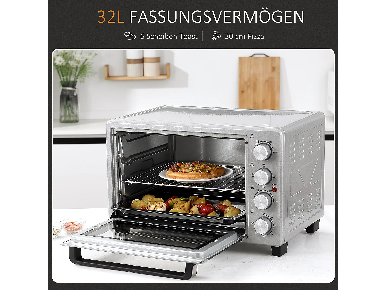 Mini four 32L, 1600W, 3 modes de cuisson, 100-230°C, avec 1h minuteur, plaque de cuisson, grilles et bac à miettes, métal, argenté (52.2x38.1x33.5cm)