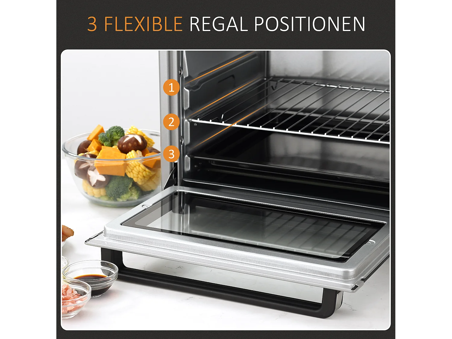 Mini four 32L, 1600W, 3 modes de cuisson, 100-230°C, avec 1h minuteur, plaque de cuisson, grilles et bac à miettes, métal, argenté (52.2x38.1x33.5cm)