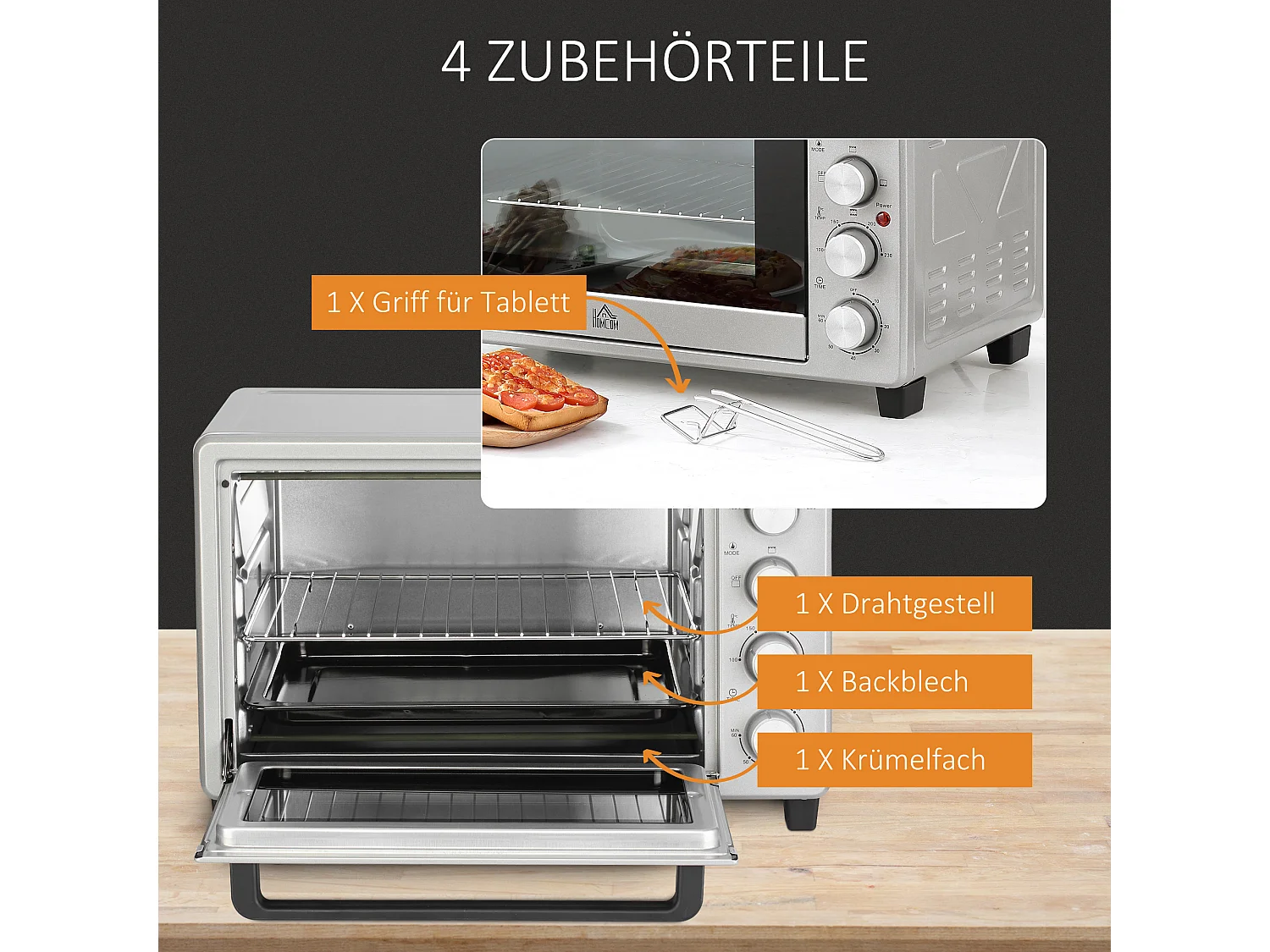 Mini four 32L, 1600W, 3 modes de cuisson, 100-230°C, avec 1h minuteur, plaque de cuisson, grilles et bac à miettes, métal, argenté (52.2x38.1x33.5cm)