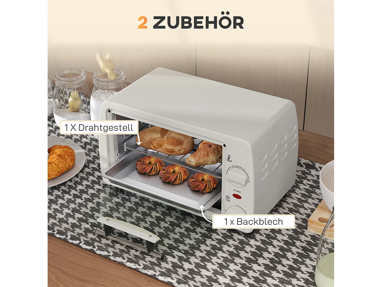 Mini four 10L, 750W, température réglable de 100°C à 230°C, minuteur 60 min, plaque de cuisson et grille, métal, crème (36.5x26x22cm)