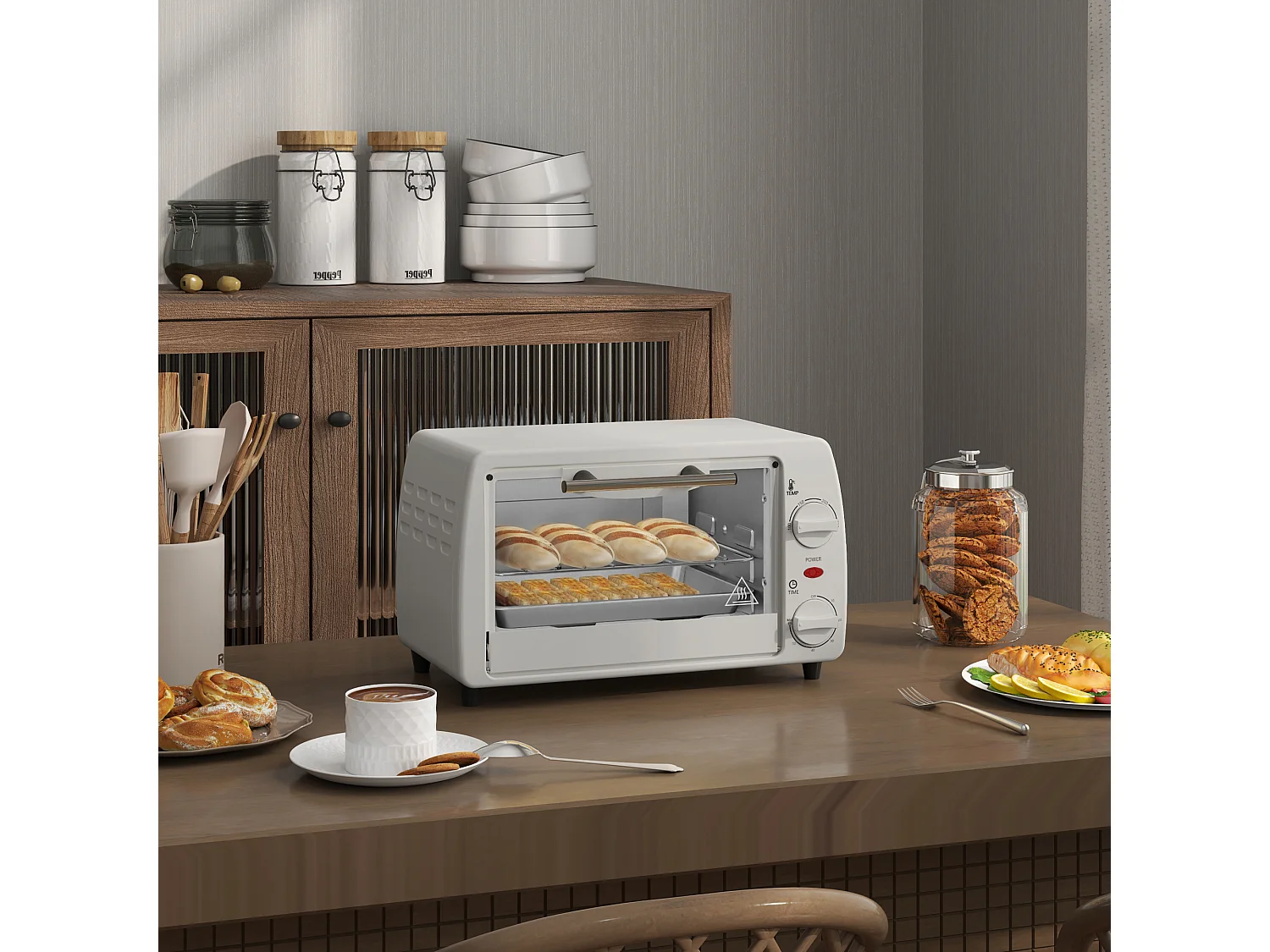 Mini four 10L, 750W, température réglable de 100°C à 230°C, minuteur 60 min, plaque de cuisson et grille, métal, crème (36.5x26x22cm)