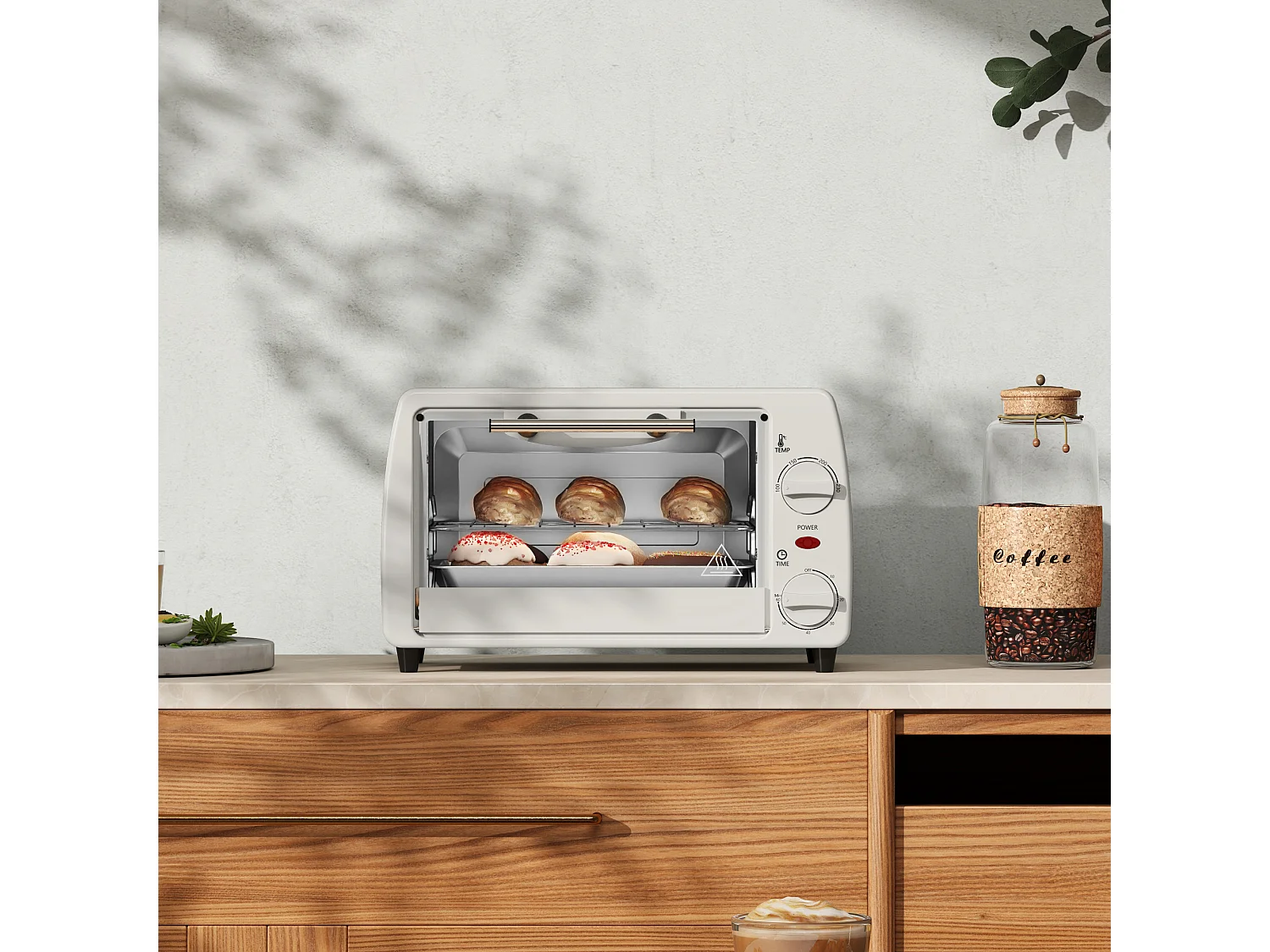Mini four 10L, 750W, température réglable de 100°C à 230°C, minuteur 60 min, plaque de cuisson et grille, métal, crème (36.5x26x22cm)