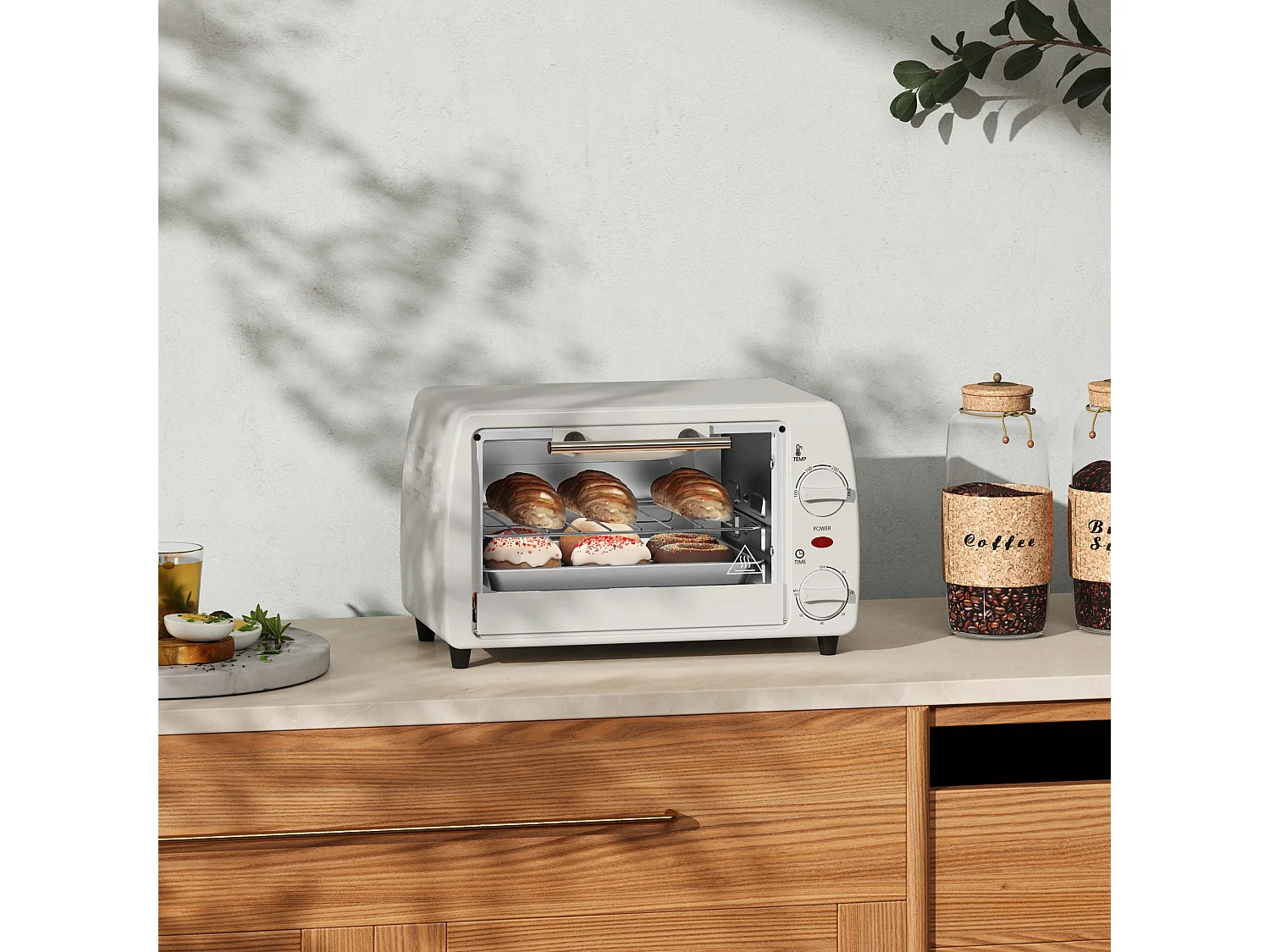Mini four 10L, 750W, température réglable de 100°C à 230°C, minuteur 60 min, plaque de cuisson et grille, métal, crème (36.5x26x22cm)