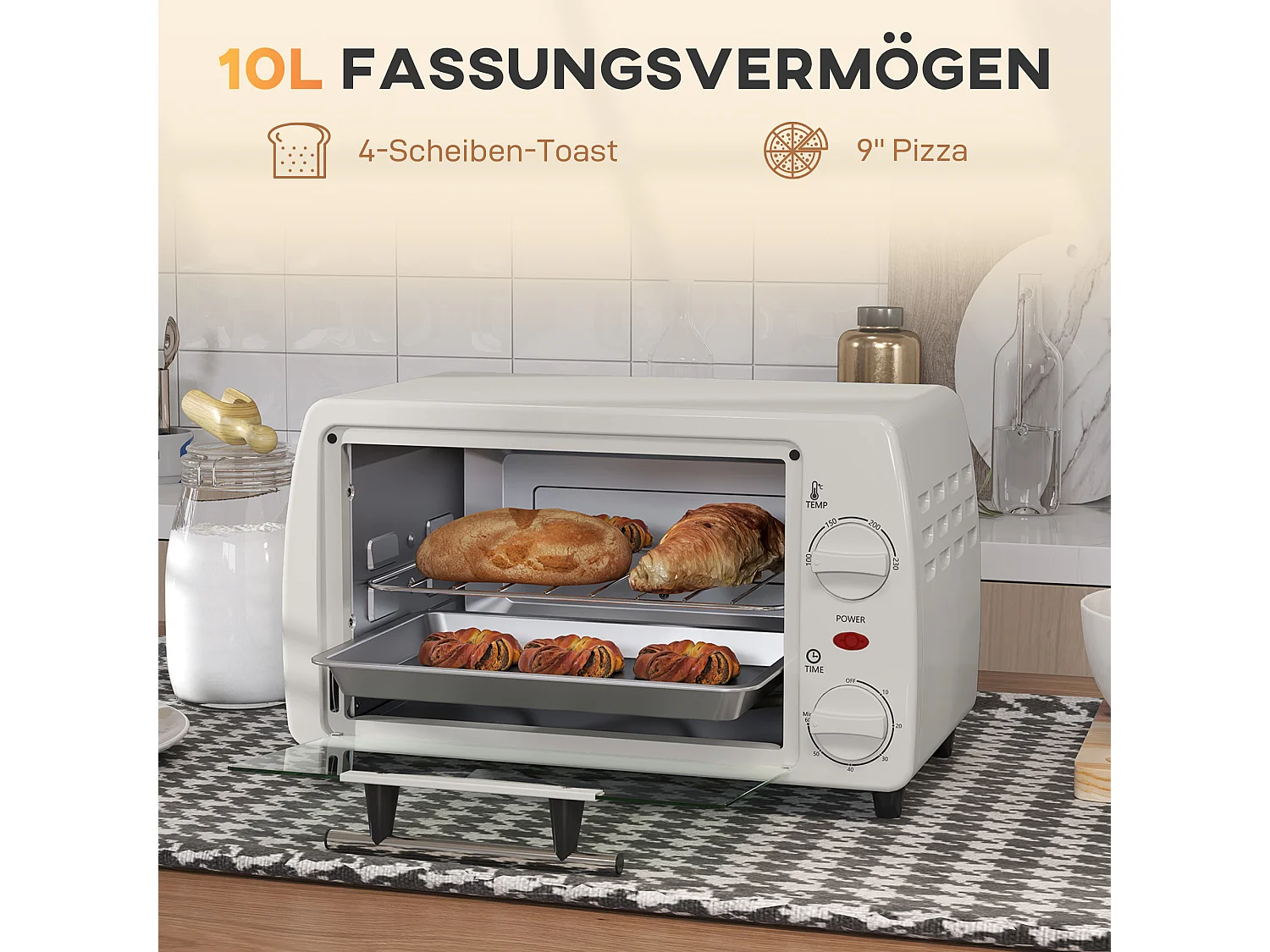 Mini four 10L, 750W, température réglable de 100°C à 230°C, minuteur 60 min, plaque de cuisson et grille, métal, crème (36.5x26x22cm)