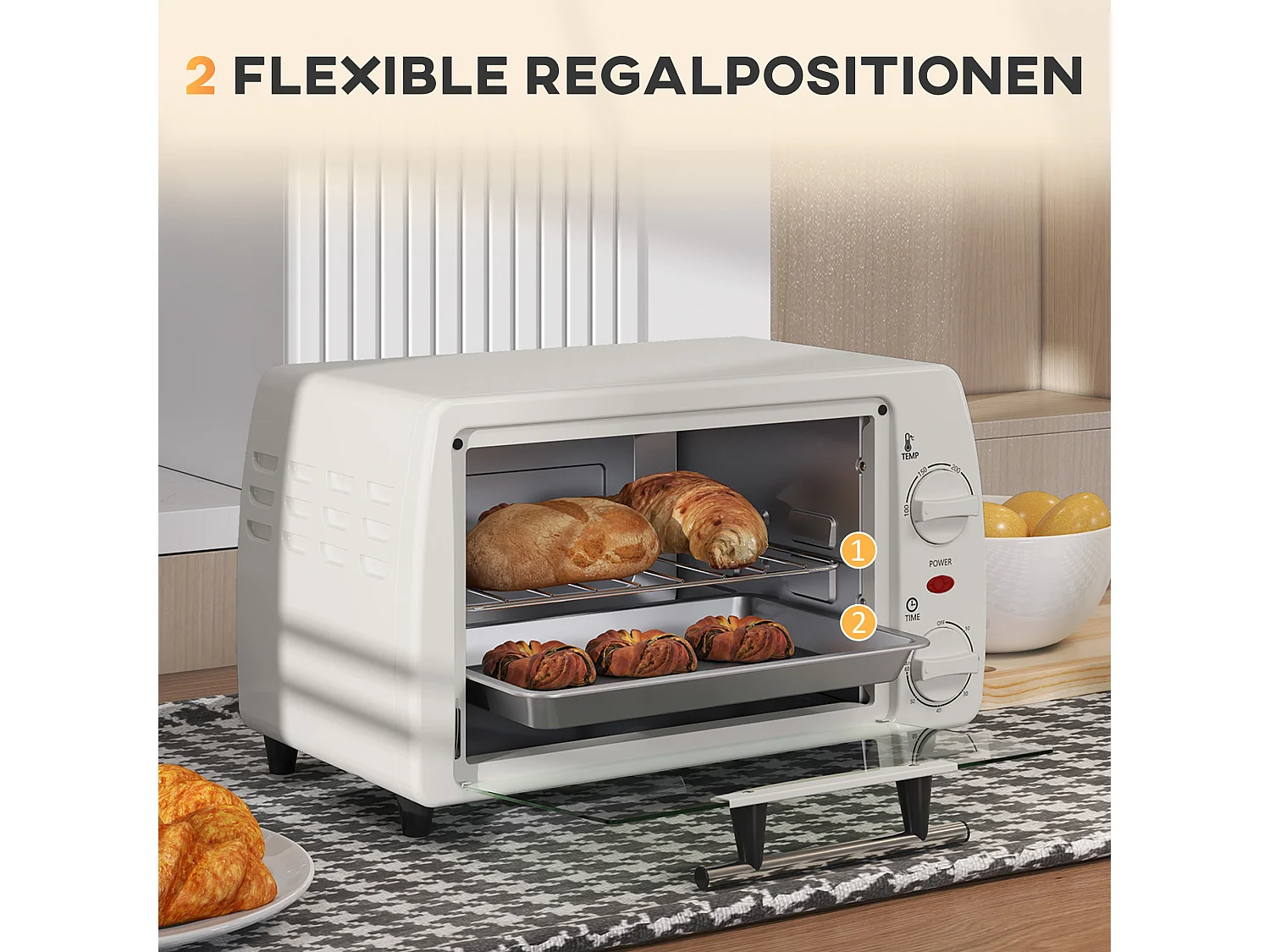 Mini four 10L, 750W, température réglable de 100°C à 230°C, minuteur 60 min, plaque de cuisson et grille, métal, crème (36.5x26x22cm)