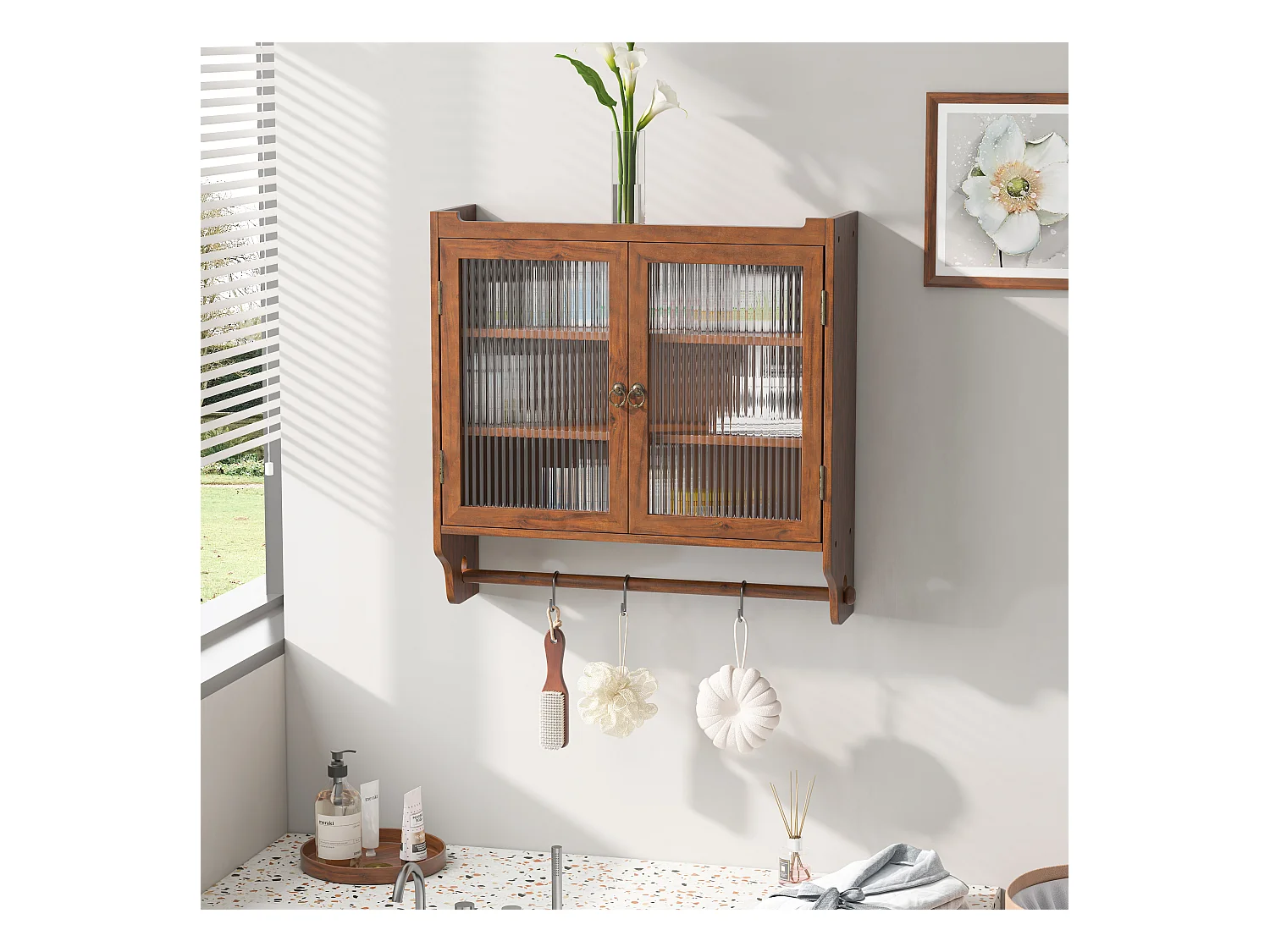 Wandmeubel met glazen deuren, 3 legplanken, handdoekrek, MDF en glas, bruin (63x18x60 cm)