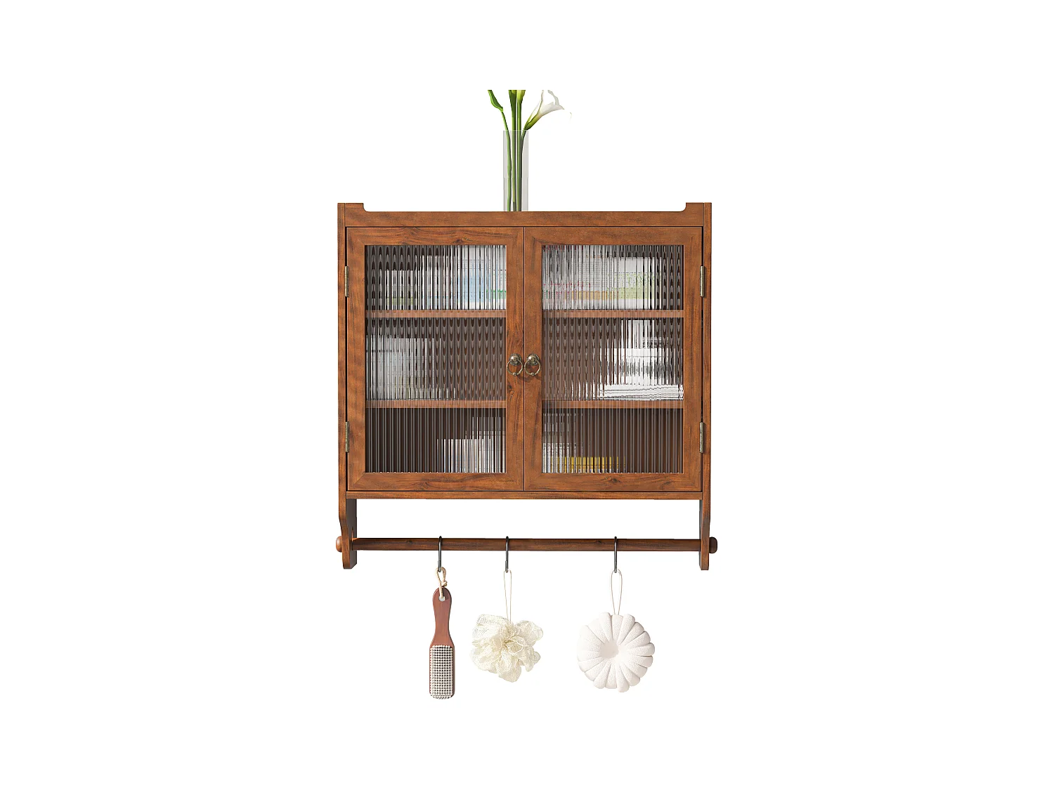 Wandmeubel met glazen deuren, 3 legplanken, handdoekrek, MDF en glas, bruin (63x18x60 cm)