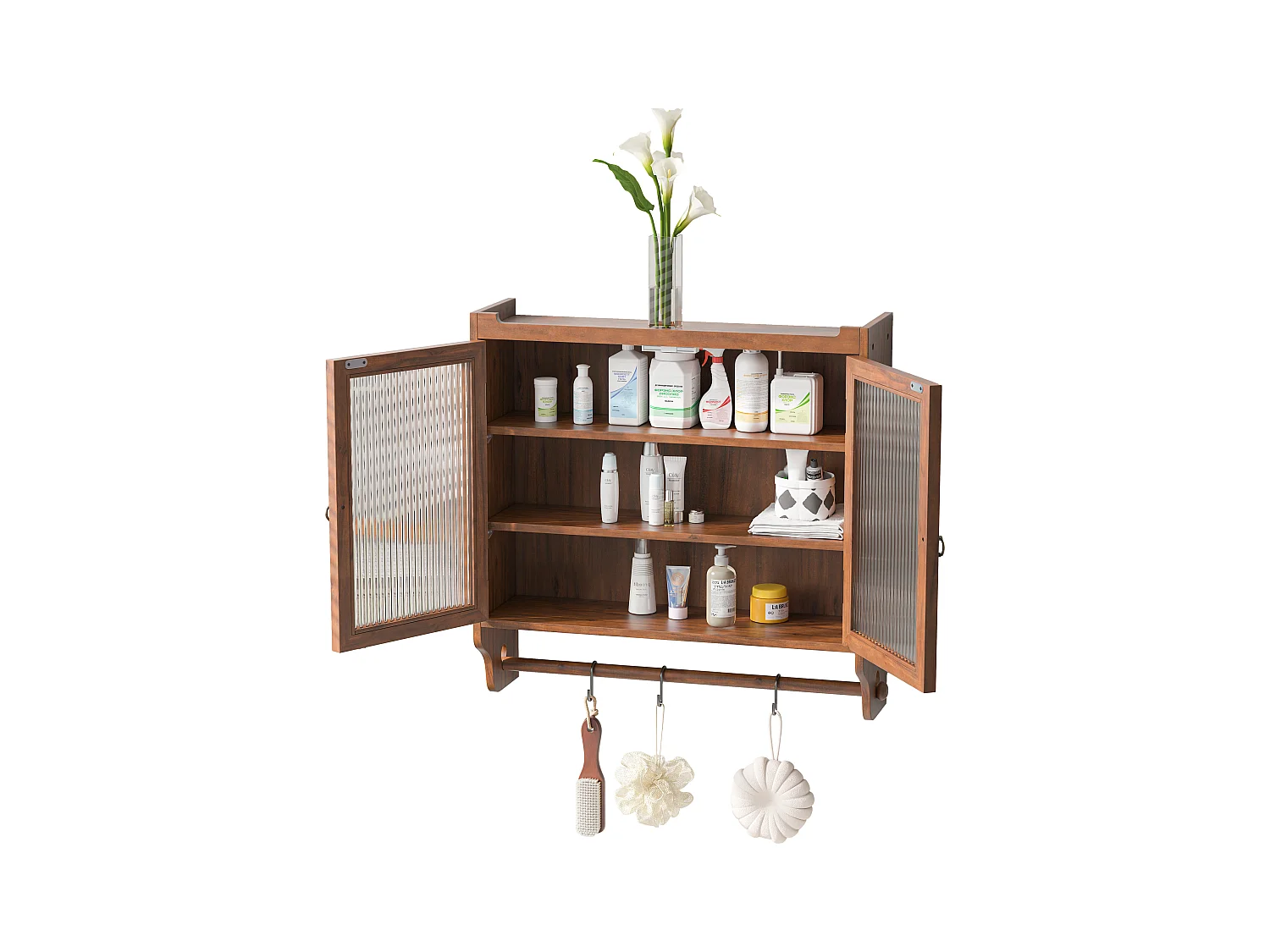 Wandmeubel met glazen deuren, 3 legplanken, handdoekrek, MDF en glas, bruin (63x18x60 cm)