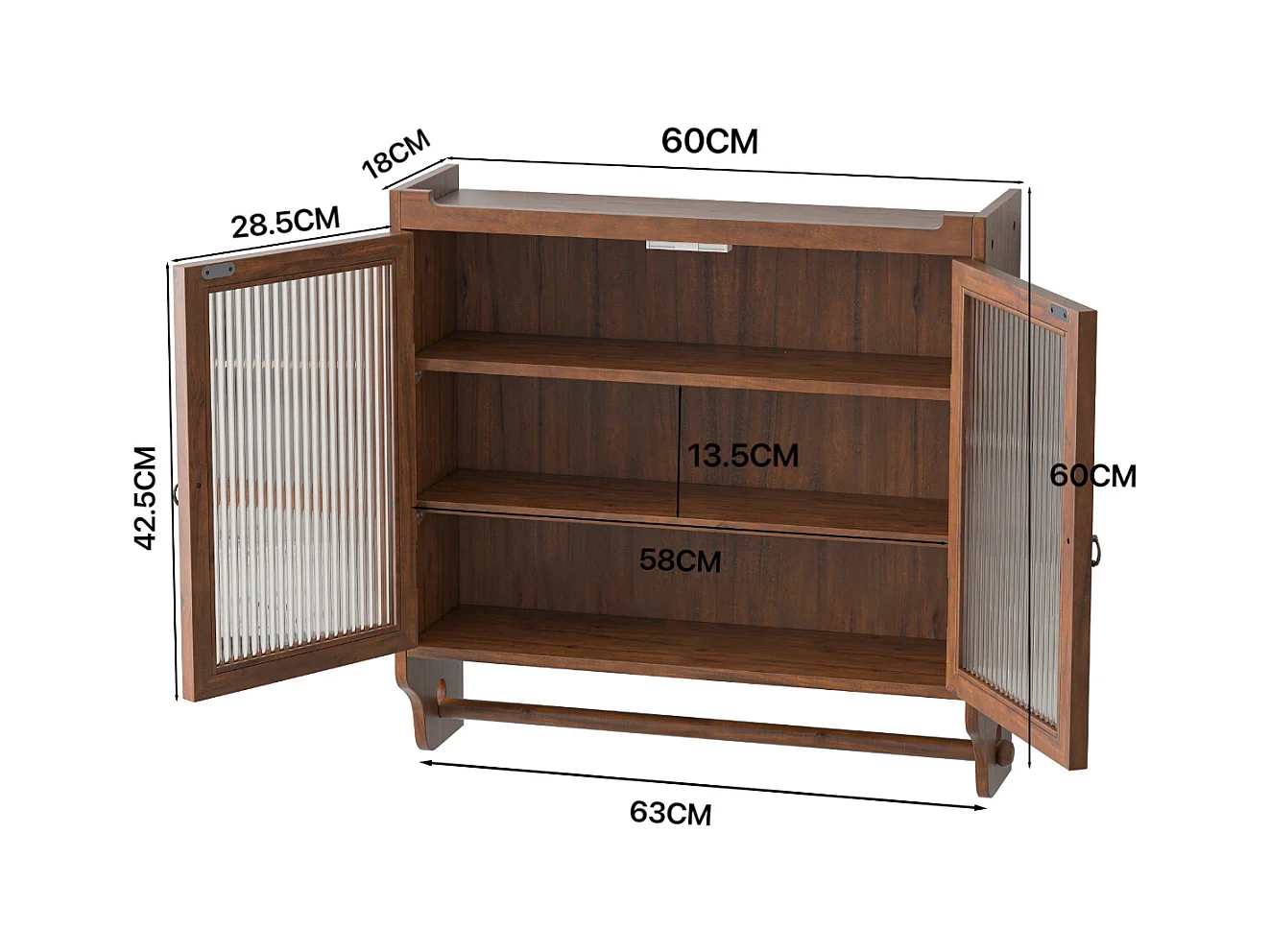 Wandmeubel met glazen deuren, 3 legplanken, handdoekrek, MDF en glas, bruin (63x18x60 cm)