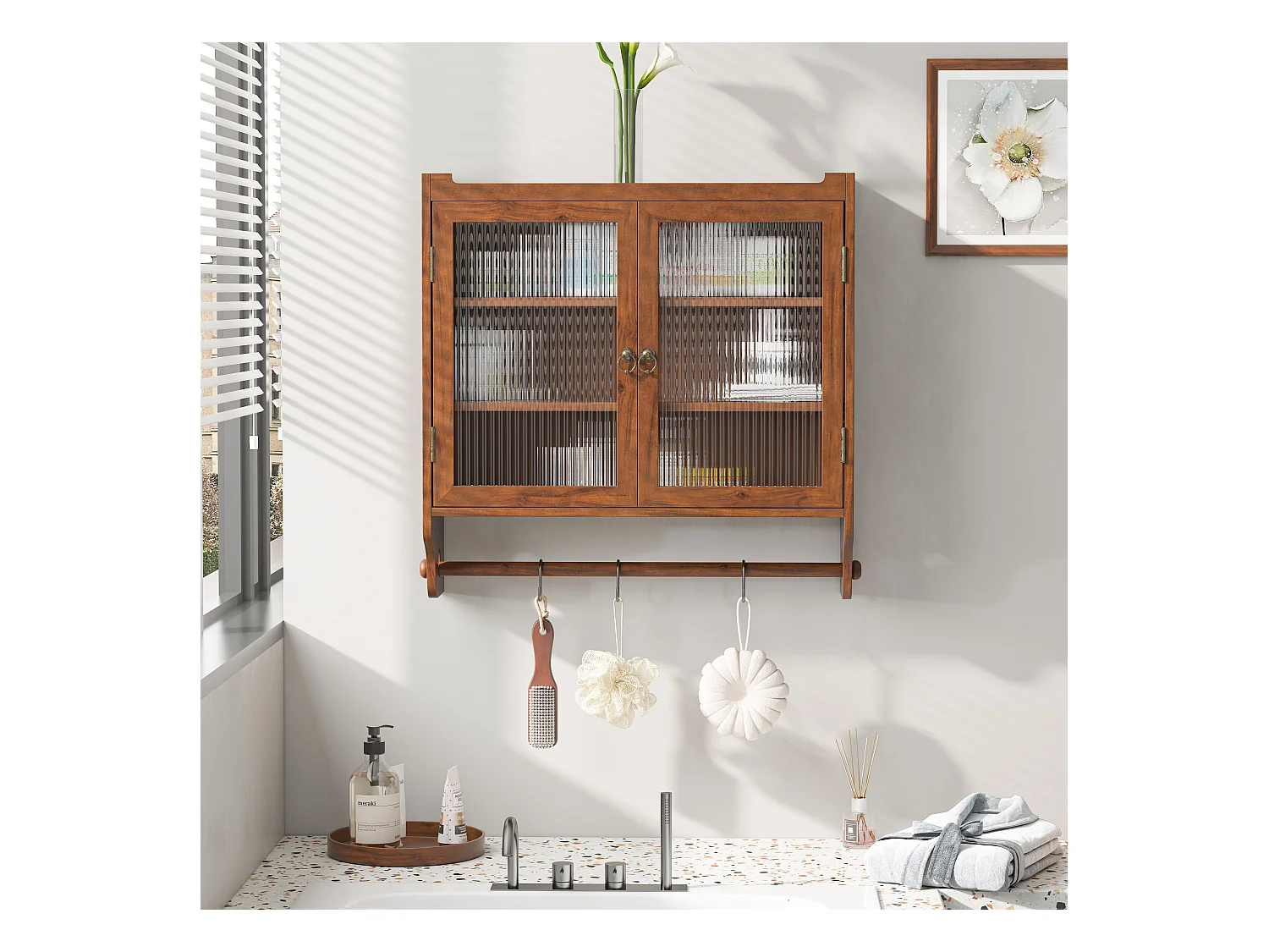 Meuble mural à portes vitrées, 3 étagères, porte-serviette, MDF et verre, marron (63x18x60 cm)