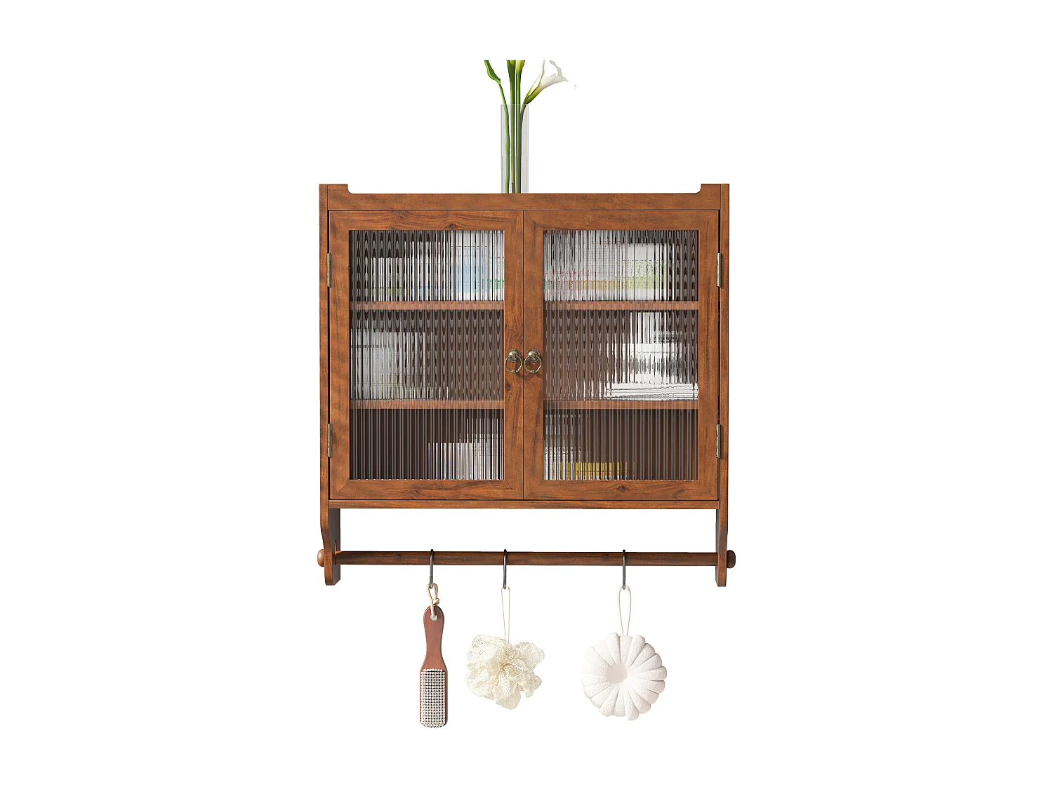 Meuble mural à portes vitrées, 3 étagères, porte-serviette, MDF et verre, marron (63x18x60 cm)