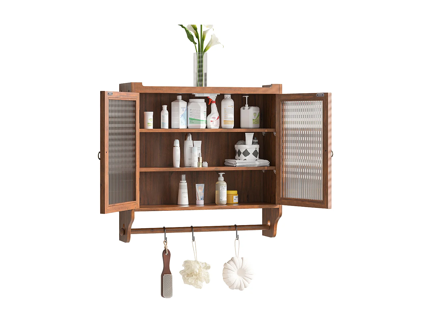 Meuble mural à portes vitrées, 3 étagères, porte-serviette, MDF et verre, marron (63x18x60 cm)