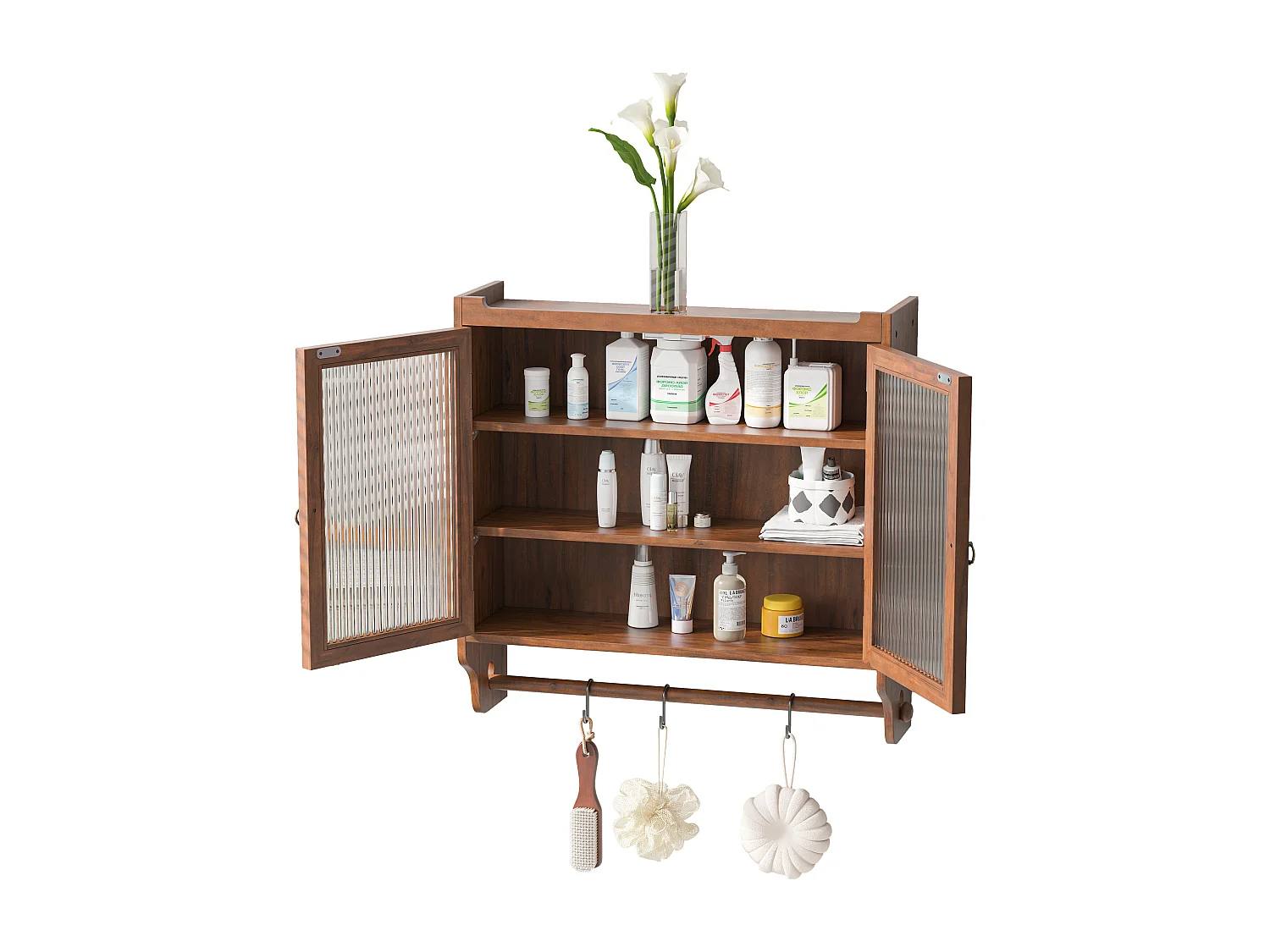 Meuble mural à portes vitrées, 3 étagères, porte-serviette, MDF et verre, marron (63x18x60 cm)