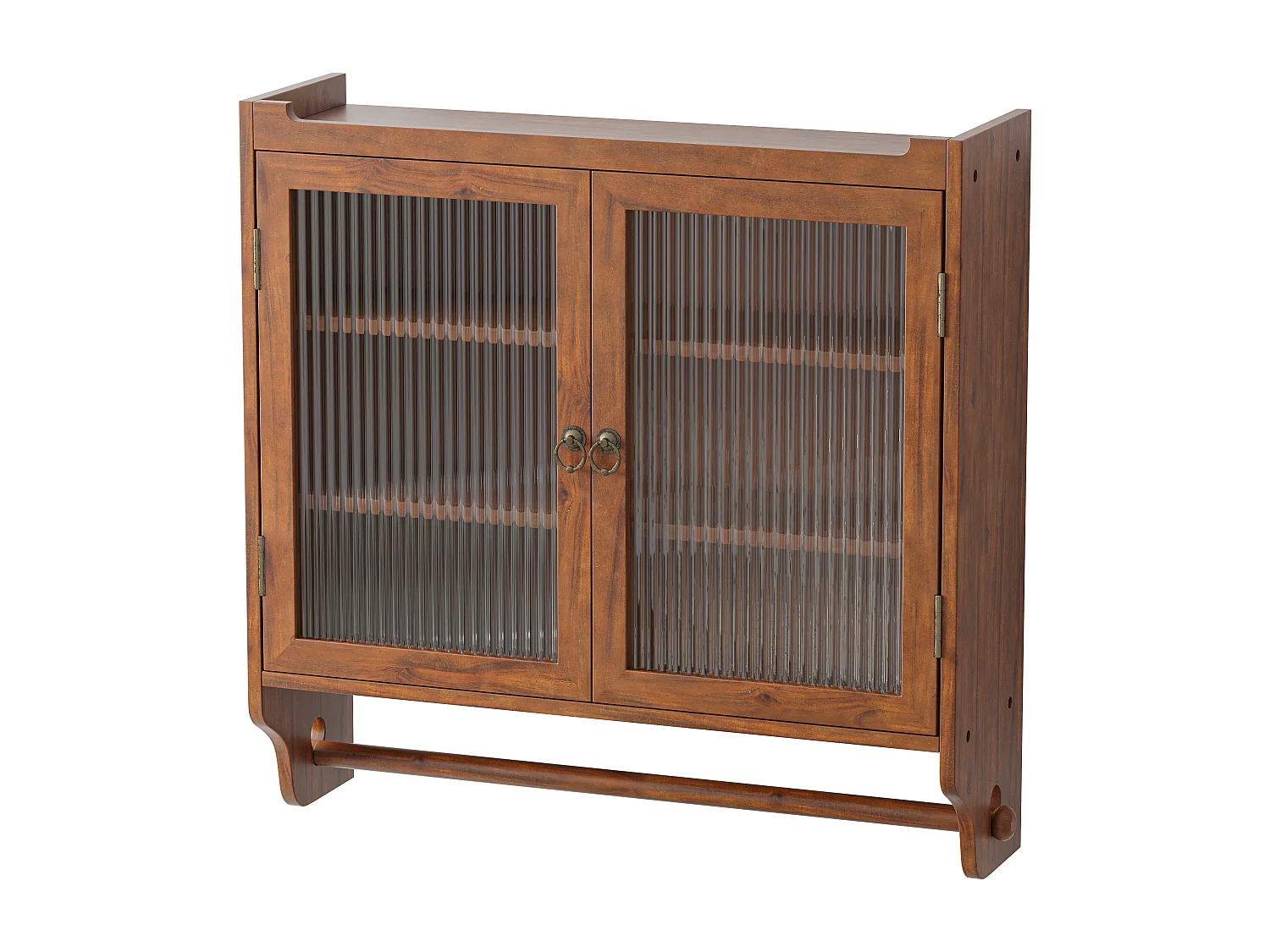 Meuble mural à portes vitrées, 3 étagères, porte-serviette, MDF et verre, marron (63x18x60 cm)