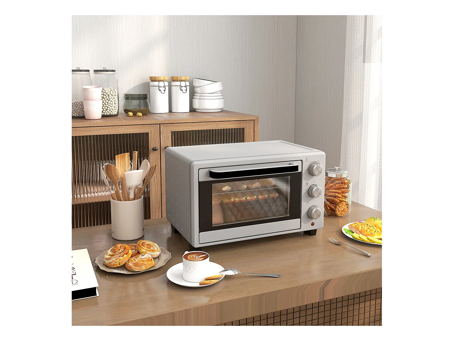 Mini vier 21L, 1400W, 3 standen, 100-230°C, roestvrij staal, met rooster en kookplaat (46L x 38,5B x 29Hcm)