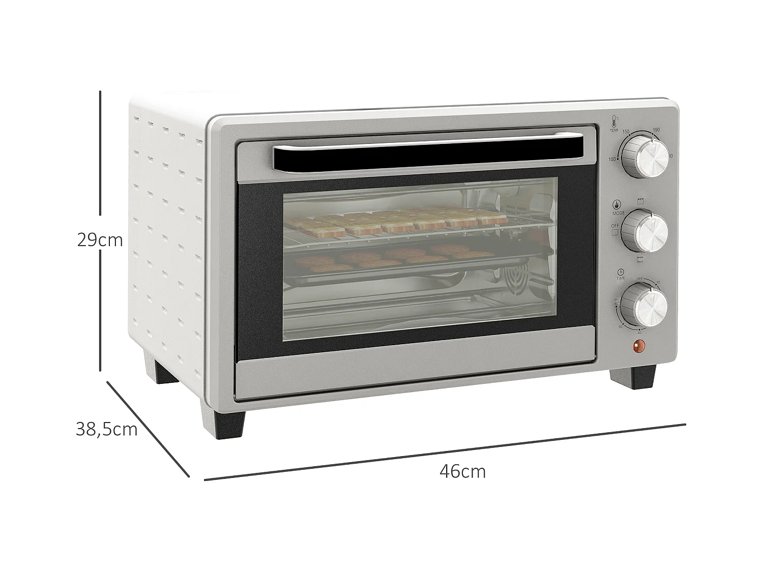 Mini vier 21L, 1400W, 3 standen, 100-230°C, roestvrij staal, met rooster en kookplaat (46L x 38,5B x 29Hcm)