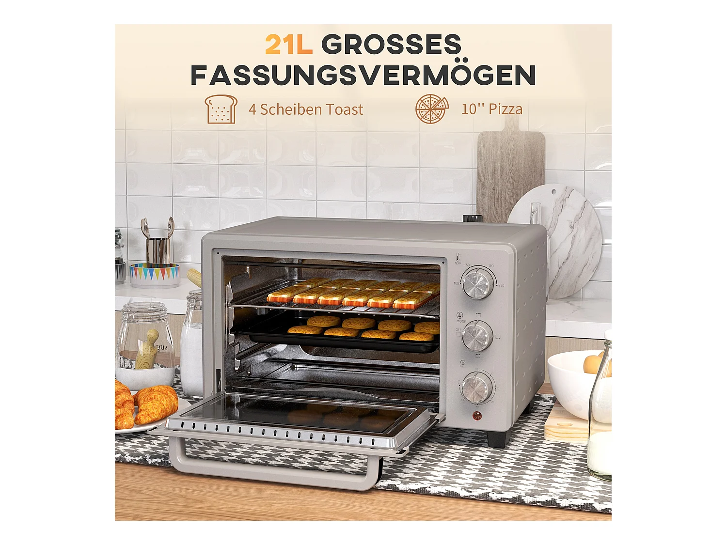 Mini vier 21L, 1400W, 3 standen, 100-230°C, roestvrij staal, met rooster en kookplaat (46L x 38,5B x 29Hcm)