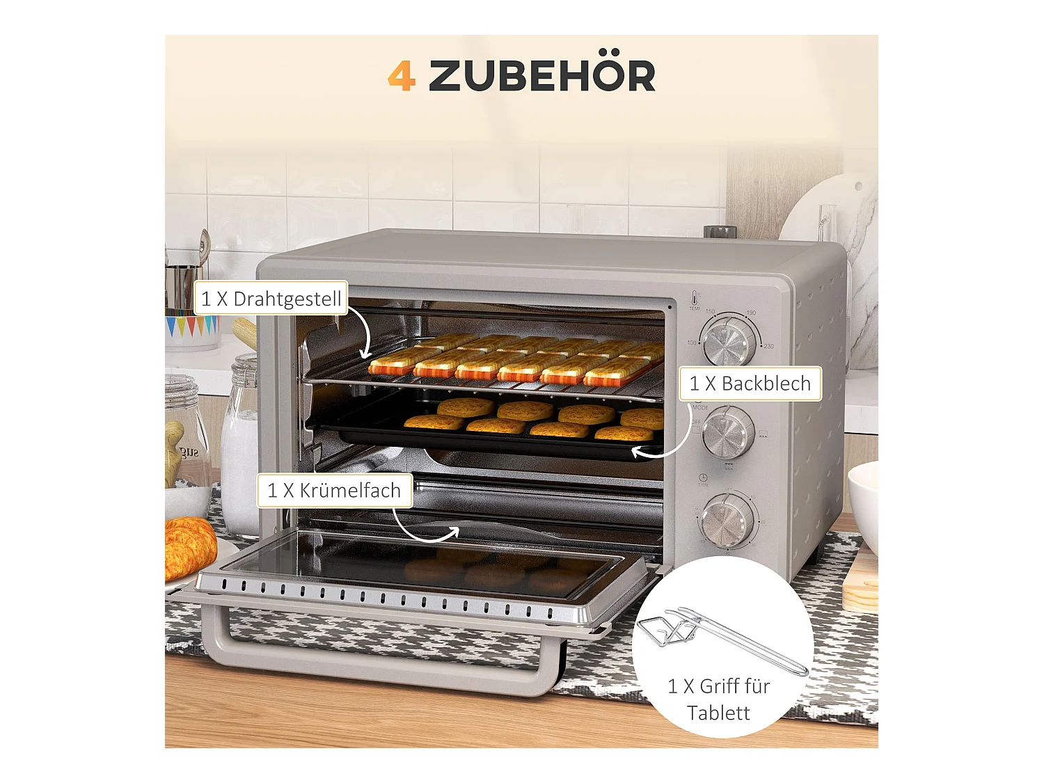 Mini vier 21L, 1400W, 3 standen, 100-230°C, roestvrij staal, met rooster en kookplaat (46L x 38,5B x 29Hcm)