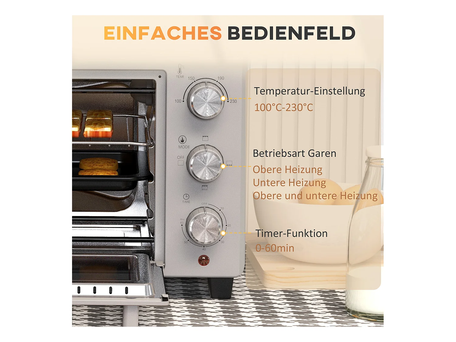 Mini vier 21L, 1400W, 3 standen, 100-230°C, roestvrij staal, met rooster en kookplaat (46L x 38,5B x 29Hcm)