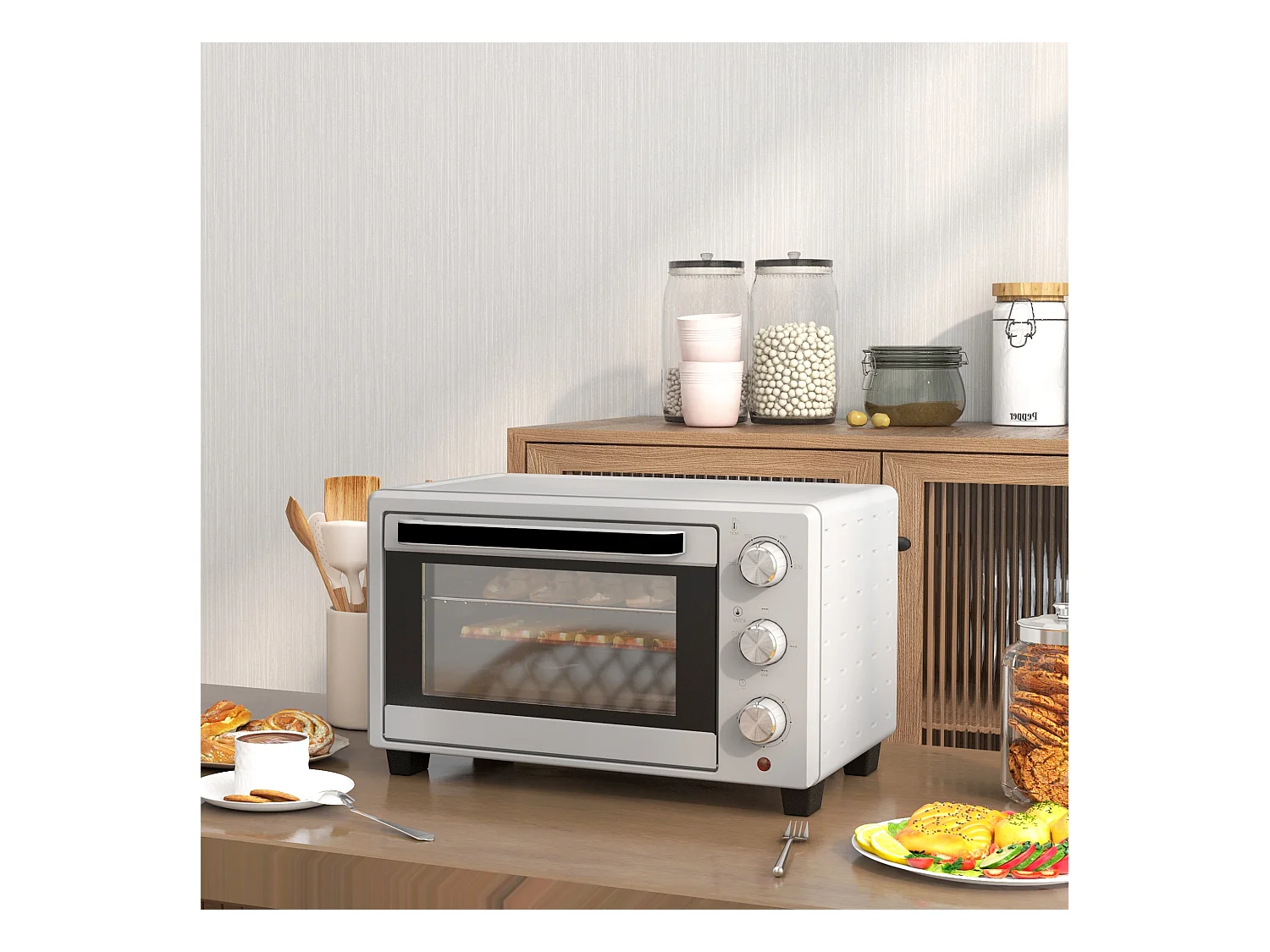 Mini vier 21L, 1400W, 3 standen, 100-230°C, roestvrij staal, met rooster en kookplaat (46L x 38,5B x 29Hcm)