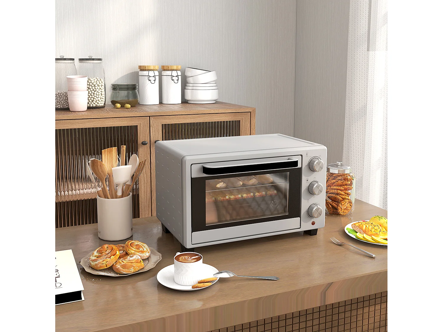 Mini four 21L, 1400W, 3 modes, 100-230°C, inox, avec grille et plaque de cuisson (46L x 38.5W x 29Hcm)